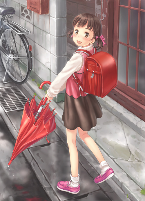 simon (kappa no kawanagare), doujima nanako, atlus, persona, persona 4, 1girl, backpack, bag, closed umbrella, day, door, female focus, full body, holding, holding umbrella, miniskirt, outdoors, pink shoes, randoseru, shoes, skirt, socks, solo, umbrella, white socks