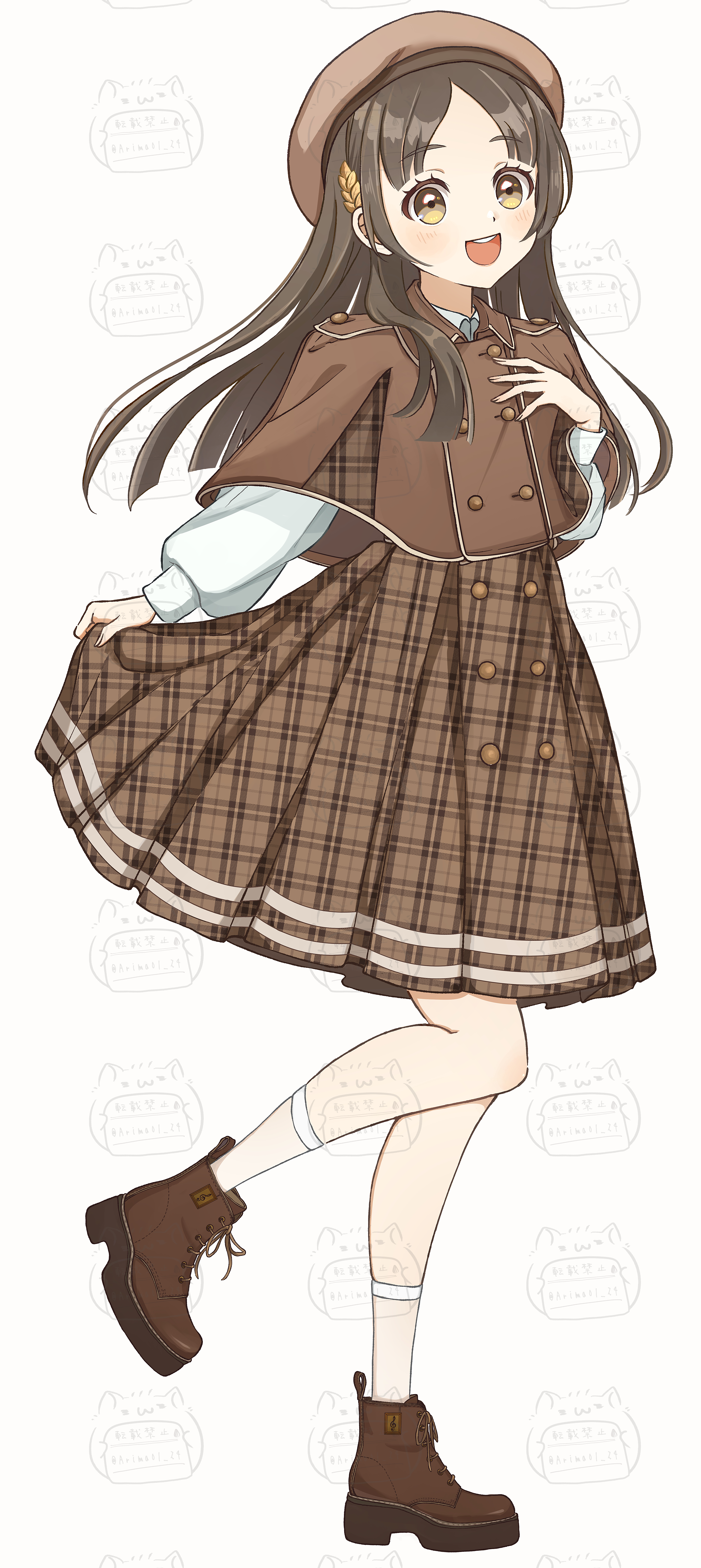 amashi 2278, kuramoto china, gakuen idolmaster, idolmaster, absurdres, commentary request, highres, 1girl, beret, blunt ends, brown cape, brown dress, brown hair, brown hat, brown shoes, buttons, cape, double-breasted, dress, full body, hat, long hair, parted lips, plaid clothes, plaid dress, platform shoes, pleated dress, shoes, simple background, skirt hold, socks, solo, standing, standing on one leg, straight hair, teeth, upper teeth only, very long hair, white background, white socks