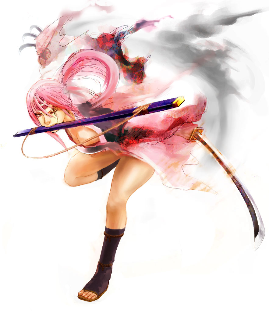 nishioka tomozou, baiken, arc system works, guilty gear, 1girl, black boots, boots, breasts, claws, cleavage, female focus, holding, holding sword, holding weapon, large breasts, mouth hold, open-toe boots, pink hair, ponytail, scar, scar across eye, scar on face, sheath, smoke, socks, solo, standing, standing on one leg, sword, thighs, weapon