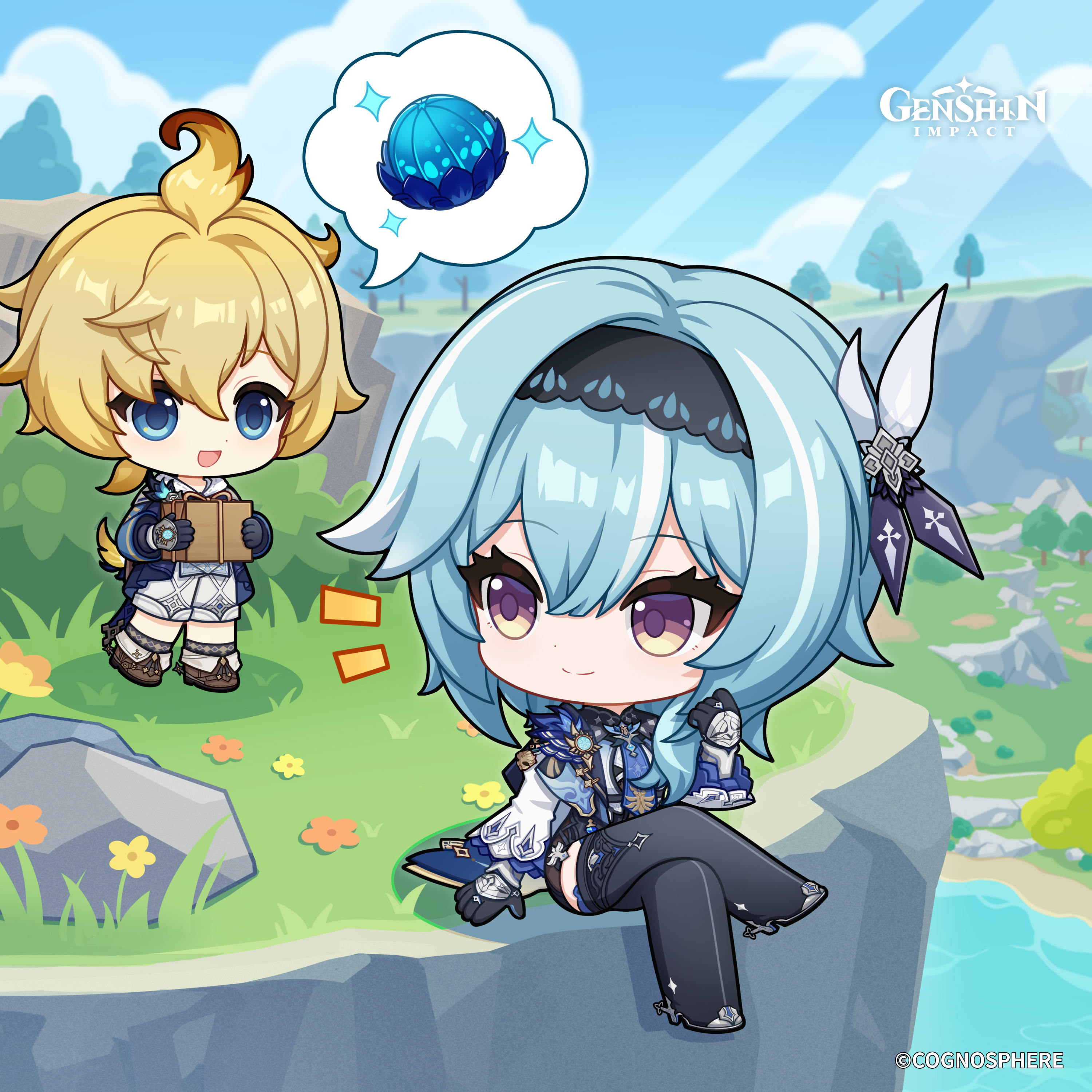 eula (genshin impact), mika (genshin impact), genshin impact, absurdres, commentary, english commentary, highres, official art, 1boy, 1girl, ahoge, blonde hair, blue eyes, blue hair, boots, box, brown boots, chibi, closed mouth, cloud, copyright name, crossed legs, day, dot nose, flower, gift, gift box, gloves, hair between eyes, hair ornament, hairband, hand up, high heel boots, high heels, holding, holding gift, light smile, long hair, long sleeves, open mouth, orange flower, outdoors, puffy long sleeves, puffy sleeves, shorts, sitting, smile, speech bubble, spoken object, standing, thigh boots, tree, vision (genshin impact), water, yellow flower
