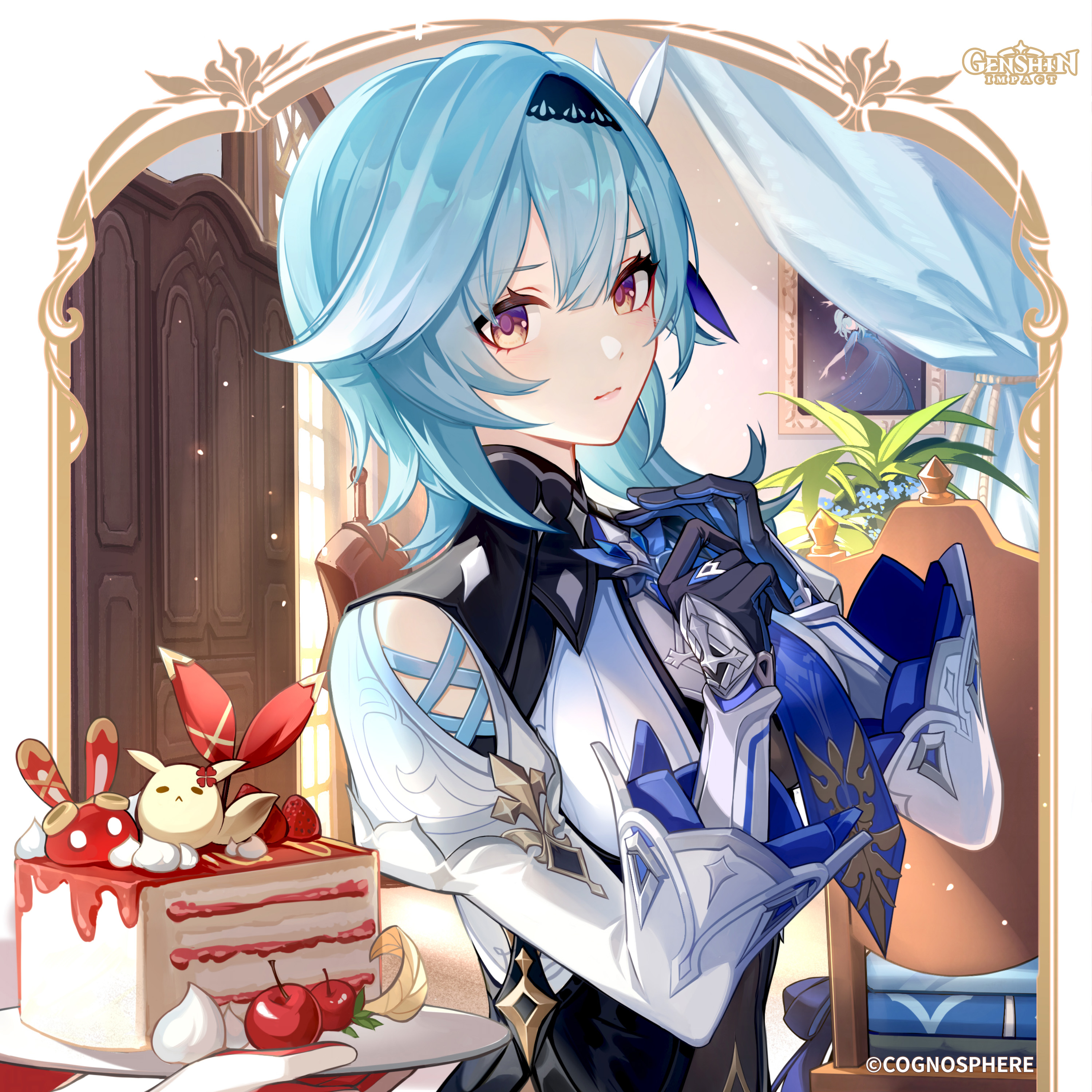 amber (genshin impact), baron bunny (genshin impact), dodoco (genshin impact), eula (genshin impact), genshin impact, absurdres, commentary, english commentary, highres, official art, 2girls, adjusting clothes, adjusting necktie, amber (100 outrider) (genshin impact), black gloves, black hairband, blue gloves, blue hair, blue necktie, cake, cake slice, closed mouth, curtains, food, gloves, hairband, hands up, long sleeves, looking at viewer, medium hair, multiple girls, necktie, photo (object), solo focus, two-sided gloves, two-tone gloves, upper body, white gloves, yellow eyes
