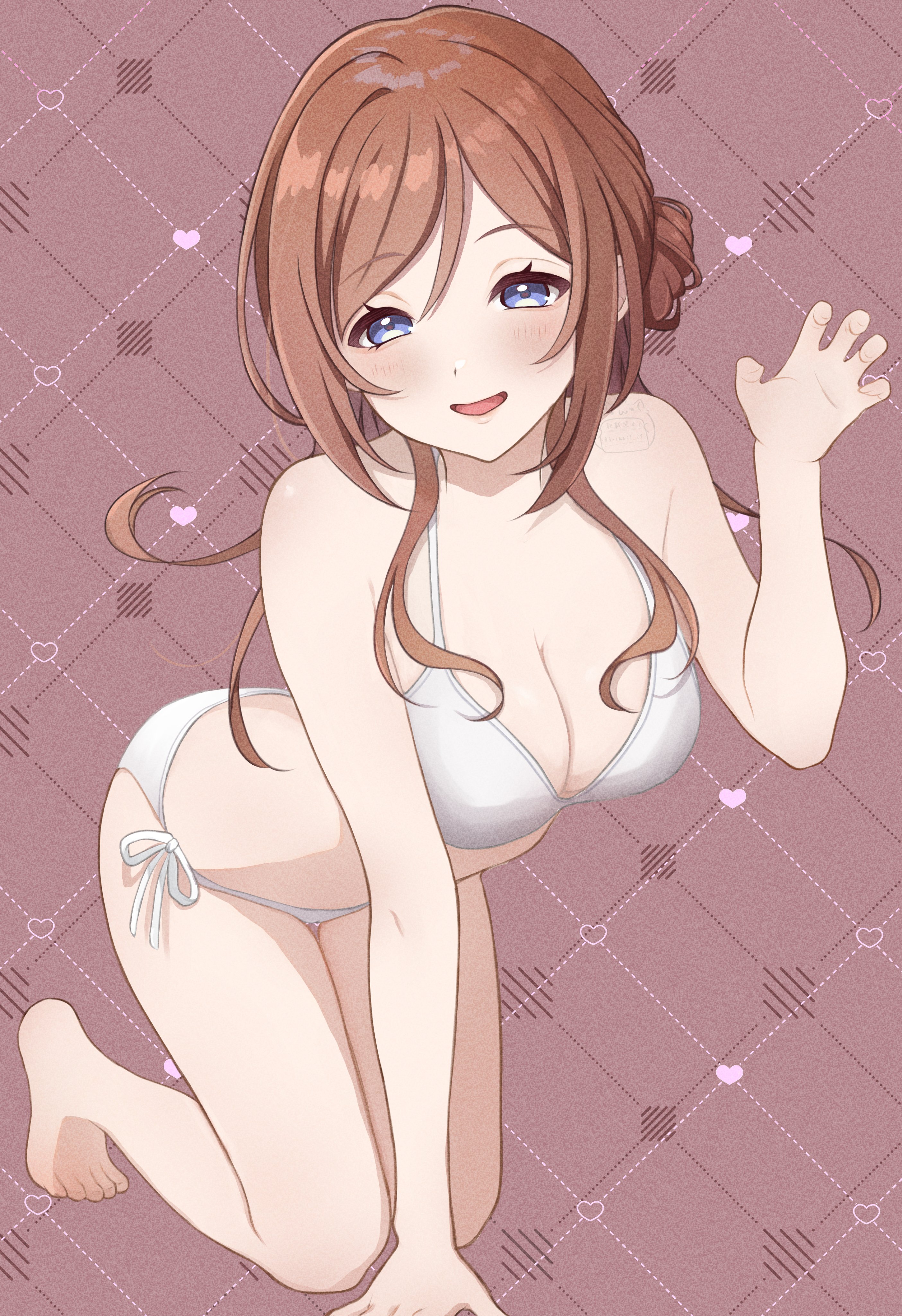amashi 2278, himesaki rinami, gakuen idolmaster, idolmaster, absurdres, commentary request, highres, 1girl, all fours, argyle background, bare arms, bare legs, barefoot, bikini, blue eyes, blush, breasts, brown hair, claw pose, cleavage, dotted background, full body, heart, large breasts, long hair, looking at viewer, side-tie bikini bottom, smile, solo, string bikini, swimsuit, white bikini