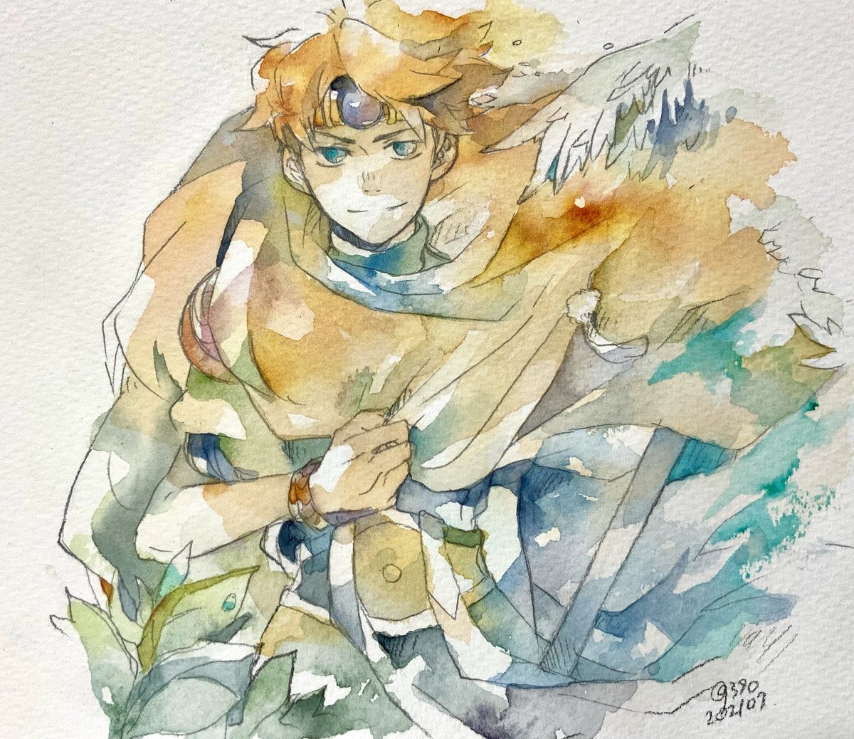 genpai39, ark (tenchi souzou), tenchi souzou, commentary request, painting (medium), traditional media, watercolor (medium), 1boy, belt, blue eyes, brown cape, brown hair, cape, closed mouth, cowboy shot, floating cape, forehead protector, jewelry, looking at viewer, male focus, pale color, short hair, signature, simple background, solo, white background