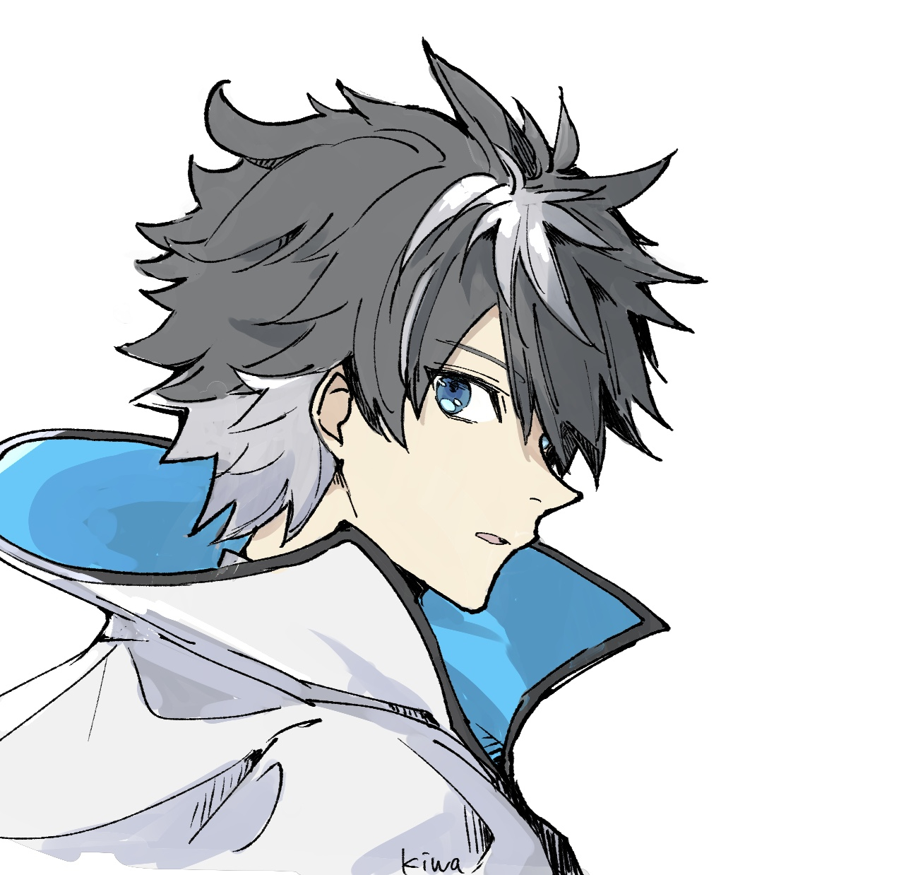 ki wa001, charlemagne (fate), fate/grand order, fate (series), highres, 1boy, black hair, blue eyes, cape, hair between eyes, looking at viewer, male focus, multicolored hair, shirt, short hair, simple background, smile, solo, streaked hair, two-tone hair, upper body, white background, white cape, white hair