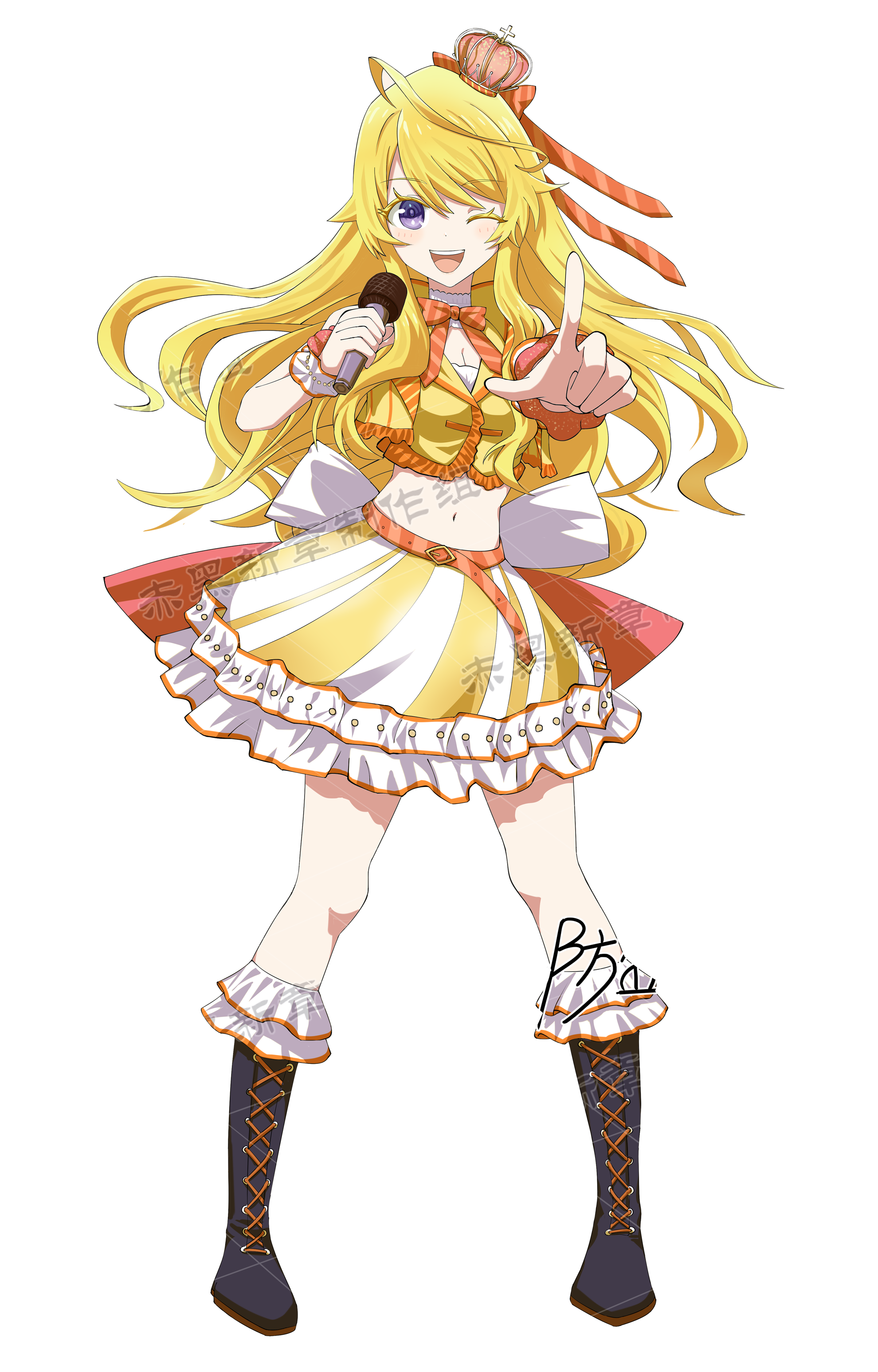date a live, date a live: date a bullet, absurdres, artist request, highres, 1girl, arched crown, black boots, blonde hair, boots, crown, dress, full body, idol, idol clothes, kirari rinemu, l hand, lace-up boots, long hair, microphone, mini crown, multicolored dress, navel, one eye closed, open mouth, purple eyes, smile, solo, teeth, transparent background, upper teeth only