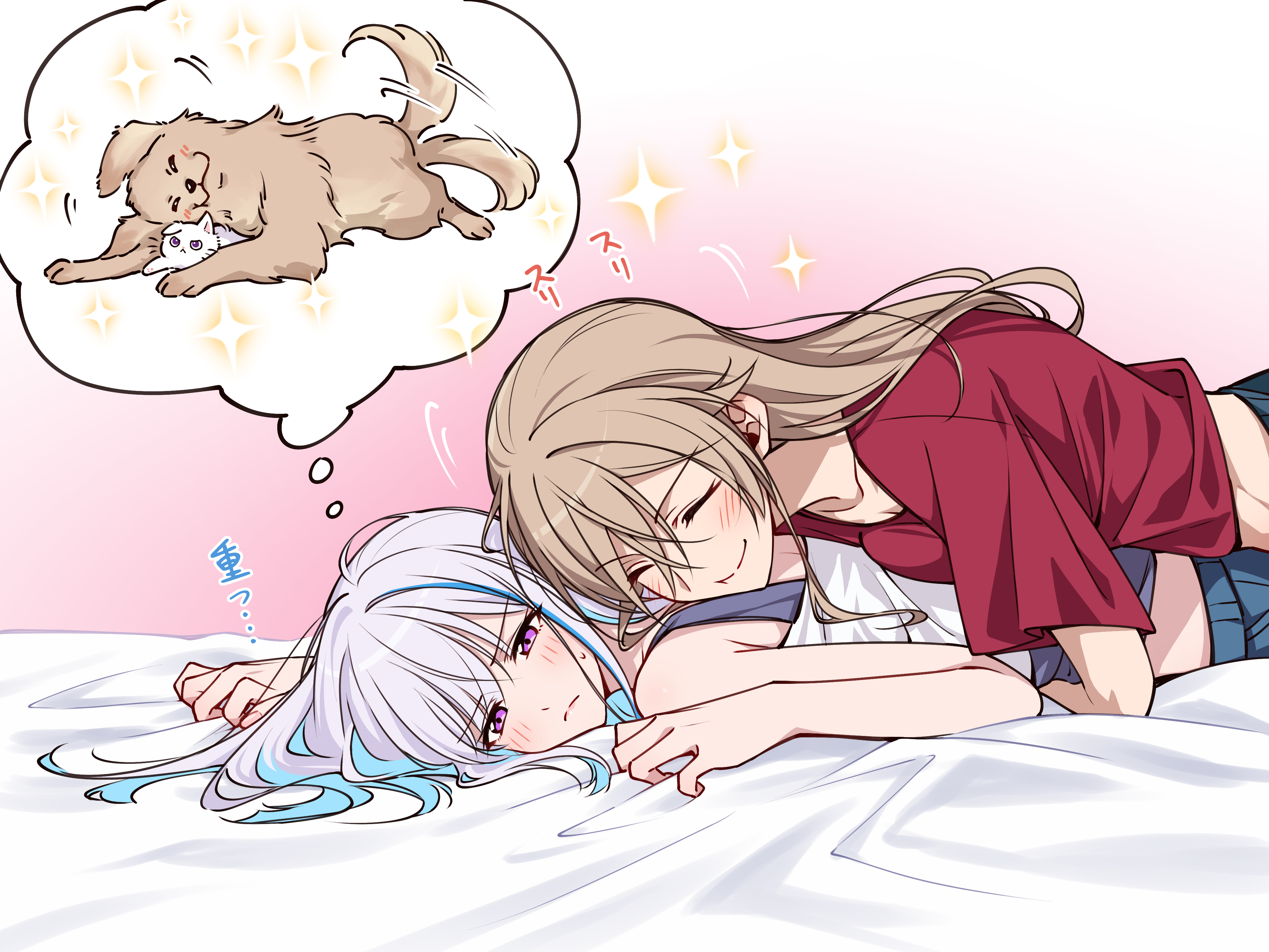 kougi hiroshi, furen e lustario, lize helesta, nijisanji, absurdres, highres, 2girls, blue hair, breast press, brown hair, casual, cat, closed eyes, frown, hug, hug from behind, long hair, lying, multicolored hair, multiple girls, on stomach, purple eyes, shirt, sleeveless, smile, speech bubble, t-shirt, tank top, thought bubble, virtual youtuber, white hair, yuri