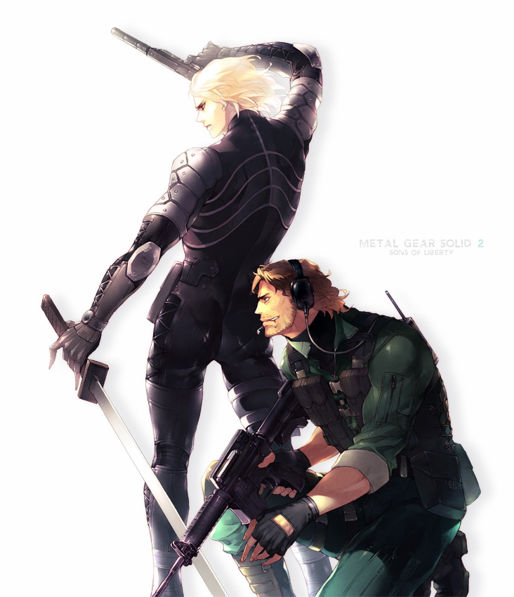 usagi me, iroquois pliskin, raiden (metal gear), solid snake, konami, metal gear (series), metal gear solid 2: sons of liberty, 2boys, blonde hair, bodysuit, brown hair, chokuto, cigarette, fingerless gloves, gloves, gun, headset, male focus, military, military uniform, multiple boys, radio, rifle, sword, weapon