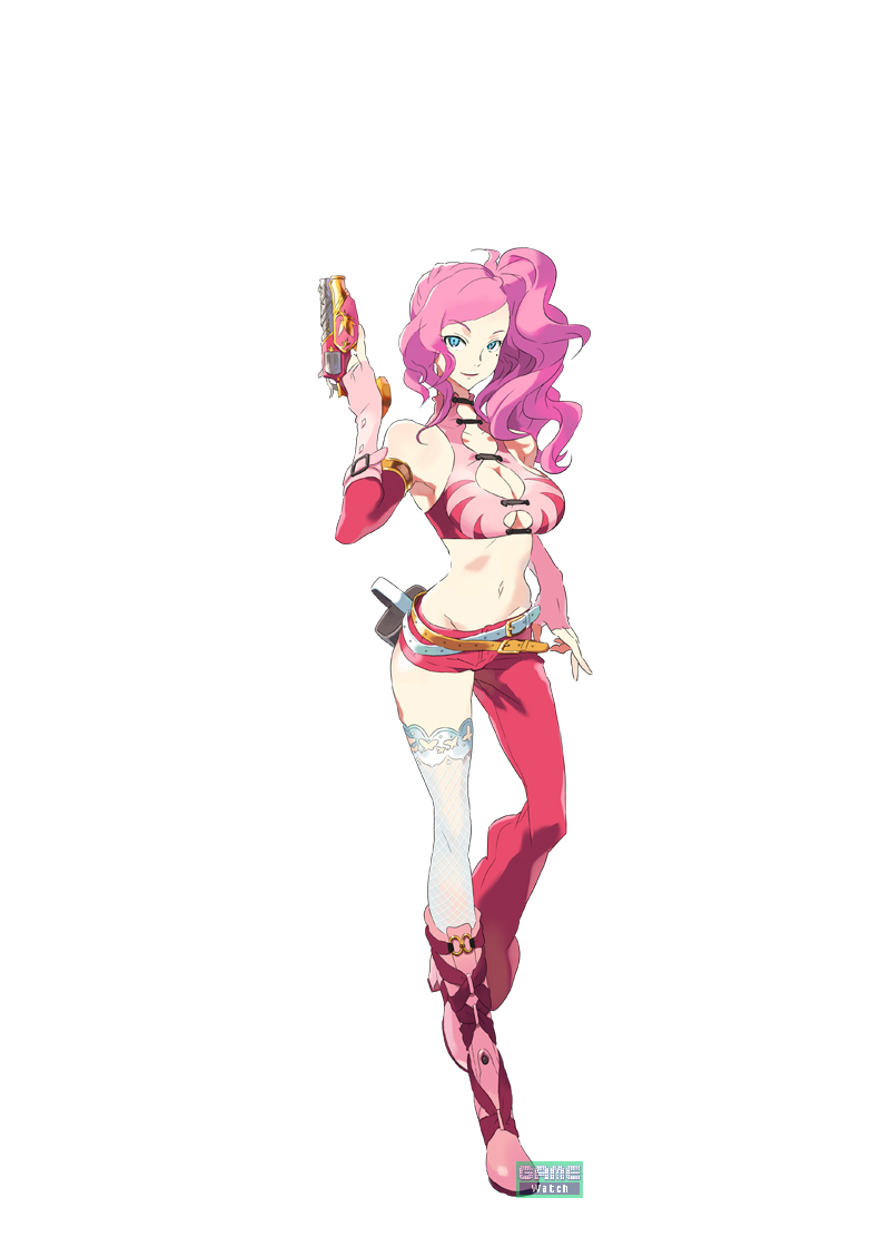 leslie flaherty, arc rise fantasia, tagme, blue eyes, breasts, cleavage, cleavage cutout, clothing cutout, gun, midriff, pink hair, side ponytail, weapon