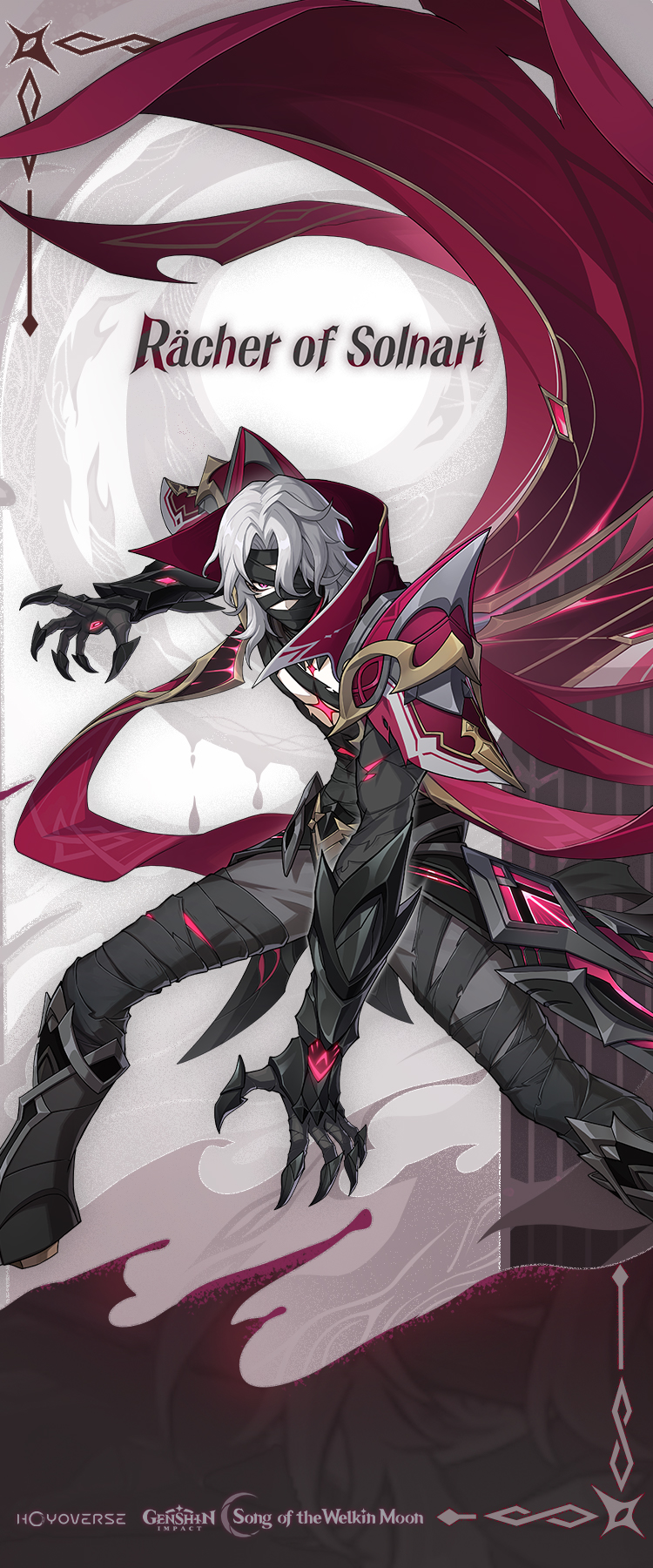 rerir (genshin impact), genshin impact, commentary, english commentary, highres, official art, 1boy, armor, bandage over one eye, bandaged arm, bandaged chest, bandaged head, bandaged leg, bandaged torso, bandages, bandages over mouth, black bandages, cape, dynamic pose, english text, hair between eyes, hand eye, shoulder armor, solo, white hair