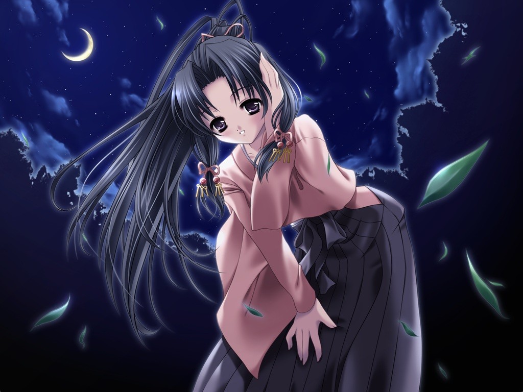 haruka (sister princess), sister princess, non-web source, 00s, black hair, japanese clothes, kimono, leaf, long hair, moon, night, ponytail, purple eyes