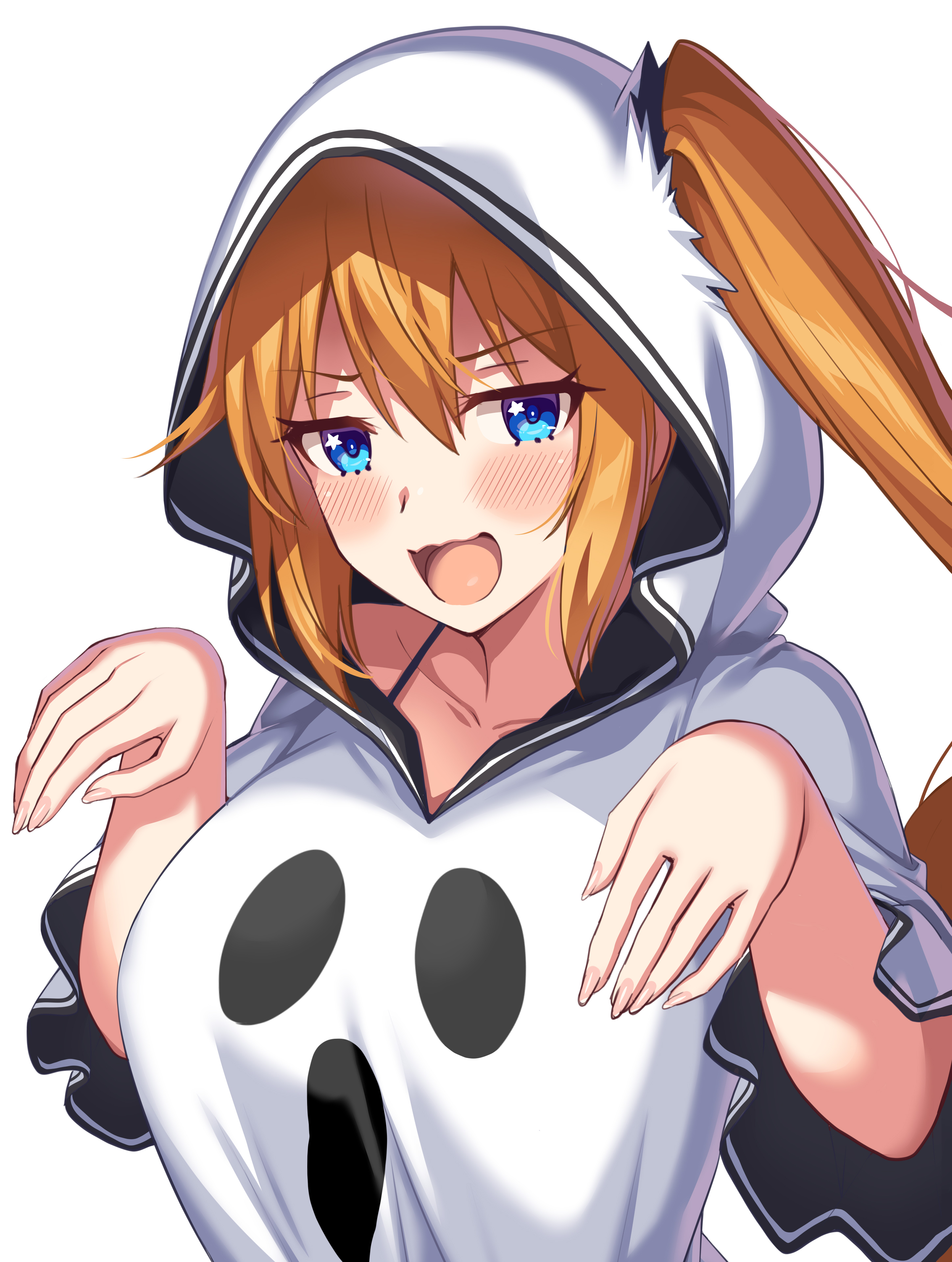 horosuke, ichinose yurippe, choukou (alicesoft), choukou taisen escalation heroines, absurdres, highres, 1girl, blue eyes, blush, breasts, ghost print, hood, hood up, large breasts, long hair, looking at viewer, open mouth, orange hair, shirt, short sleeves, side ponytail, simple background, smile, solo, white background, white shirt