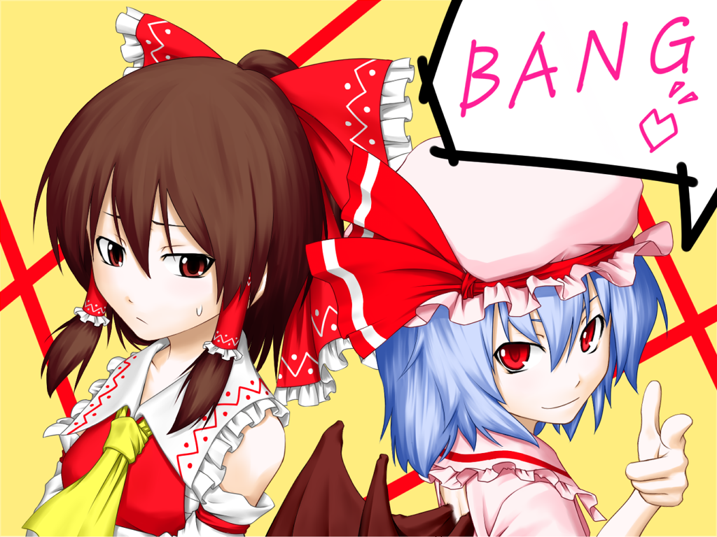 kentairui, hakurei reimu, remilia scarlet, touhou, 2girls, back-to-back, female focus, finger gun, multiple girls, sweatdrop