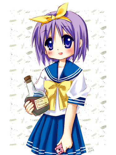 hiiragi tsukasa, lucky star, lowres, non-web source, 00s, balsamic vinegar, bottle, cellphone, hair ribbon, phone, purple eyes, purple hair, ribbon, school uniform, serafuku, short hair, solo