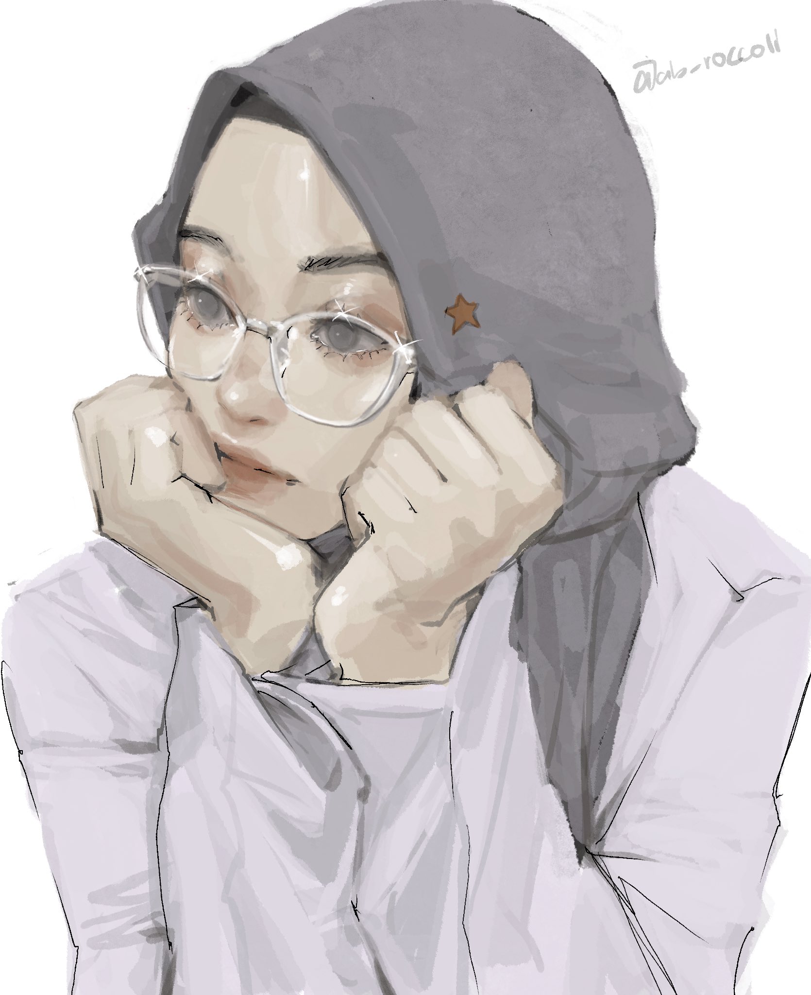 ab roccoli, original, highres, 1girl, artist name, dress, glasses, grey eyes, grey hijab, hijab, simple background, solo, upper body, white background, white dress