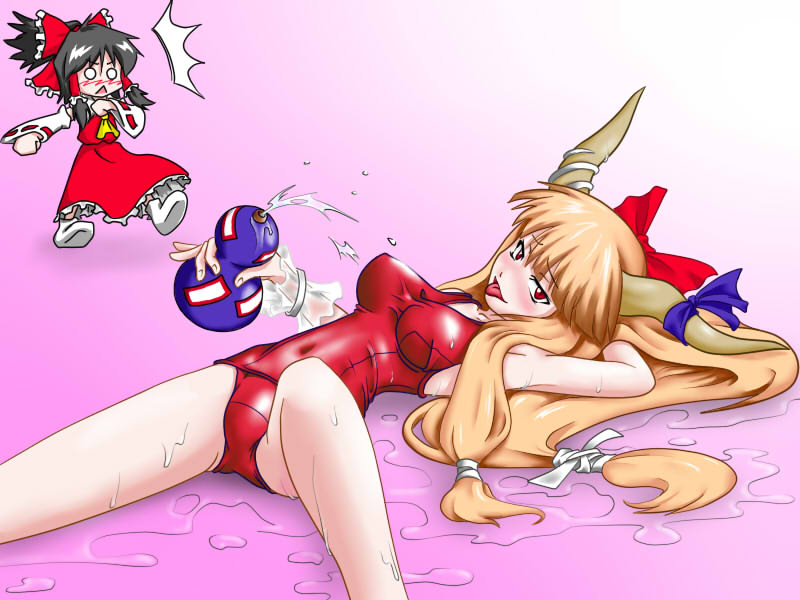 kentairui, hakurei reimu, ibuki suika, touhou, alternate breast size, bad id, bad pixiv id, 2girls, ^^^, alcohol, blush, breasts, female focus, gourd, large breasts, lying, multiple girls, naughty face, o o, one-piece swimsuit, red one-piece swimsuit, sake, school swimsuit, sexually suggestive, spread legs, surprised, swimsuit, tongue, triangle mouth