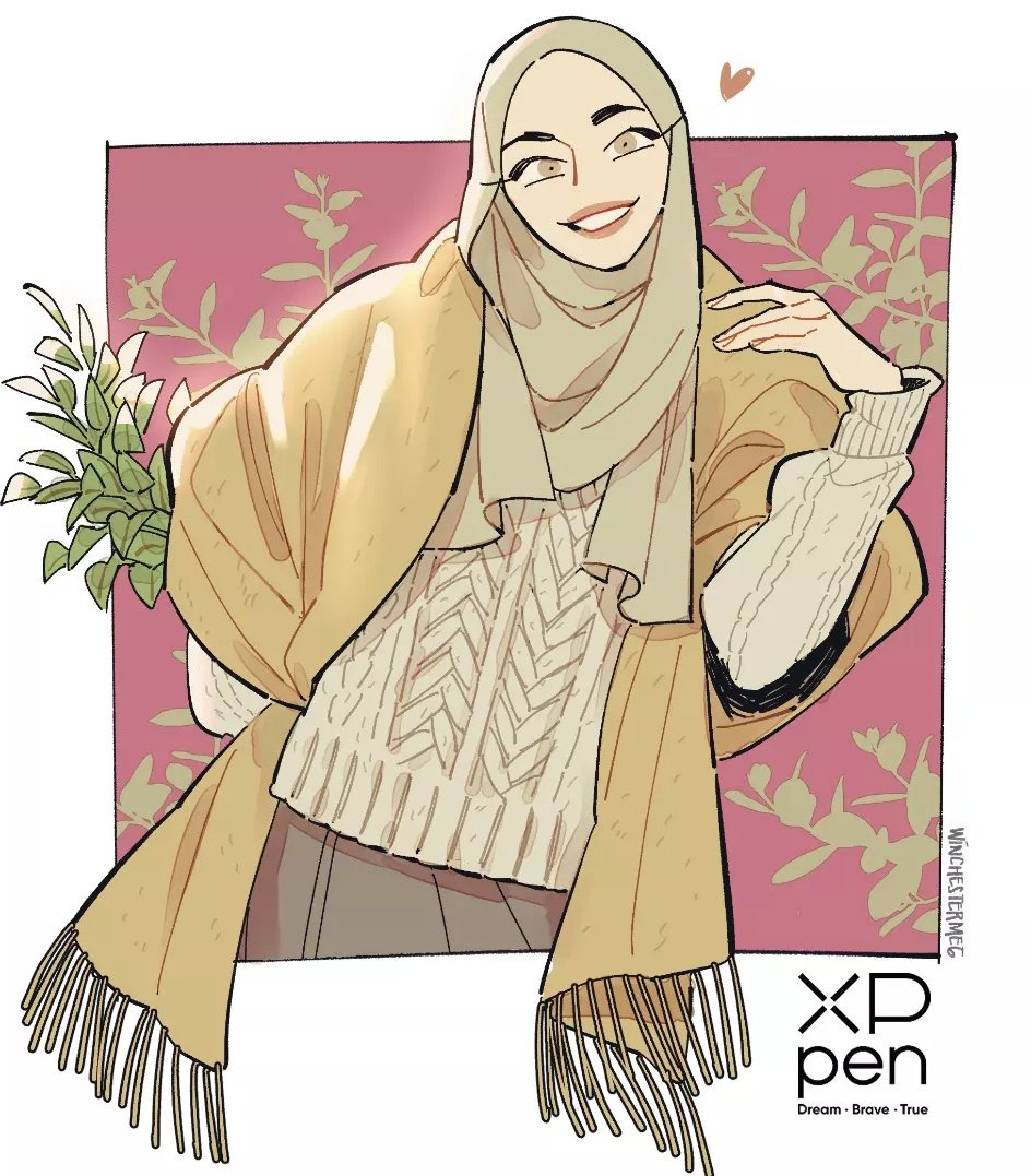 winchestermegg, original, 1girl, artist name, brown cardigan, brown hijab, cardigan, grin, heart, hijab, looking at viewer, open cardigan, open clothes, smile, solo, sweater, white sweater
