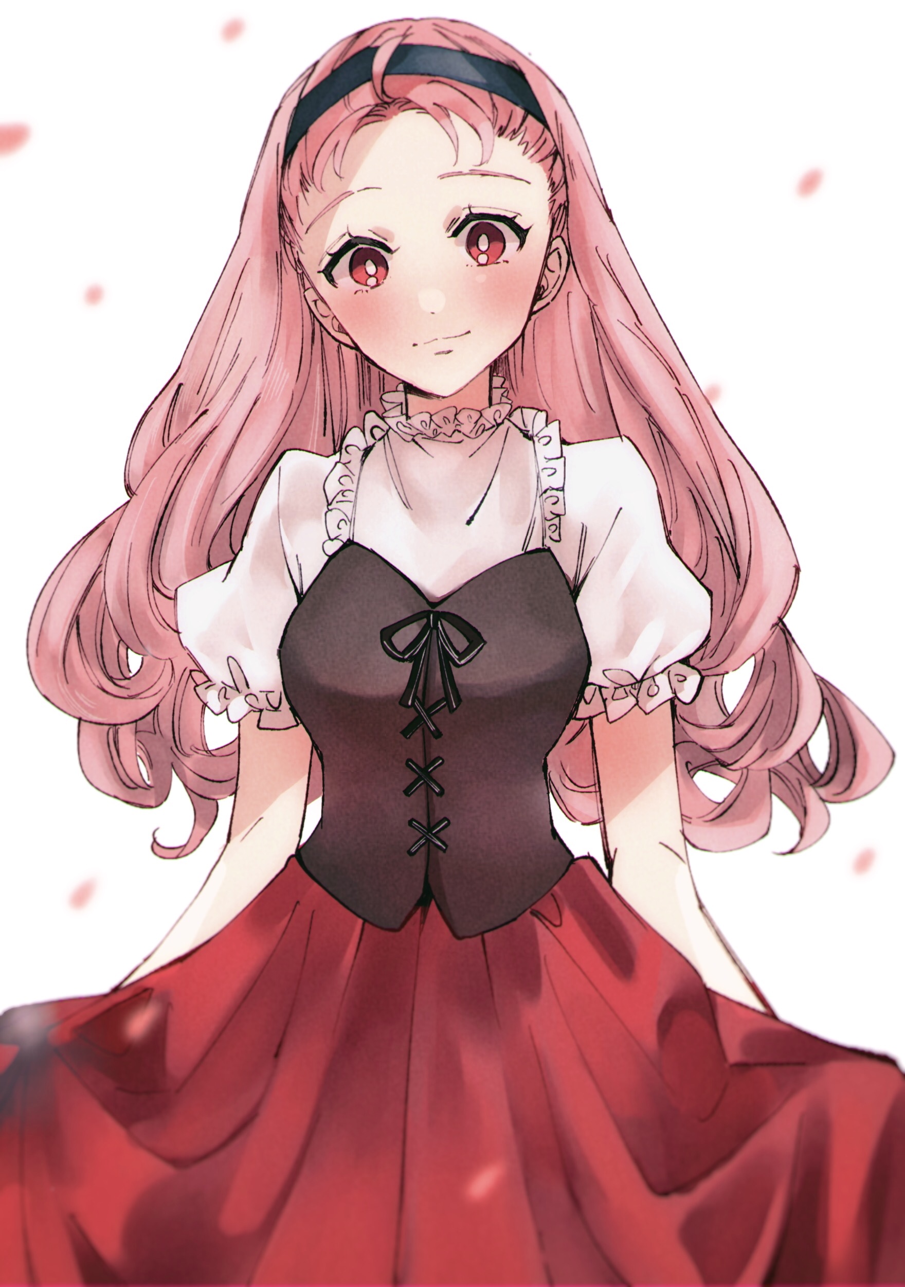 roji (c2263r), popuri (bokujou monogatari), bokujou monogatari, bokujou monogatari 2, absurdres, commentary request, highres, 1girl, black hairband, blush, hairband, long hair, looking at viewer, petals, pink eyes, pink hair, puffy short sleeves, puffy sleeves, red skirt, short sleeves, simple background, skirt, smile, solo, white background