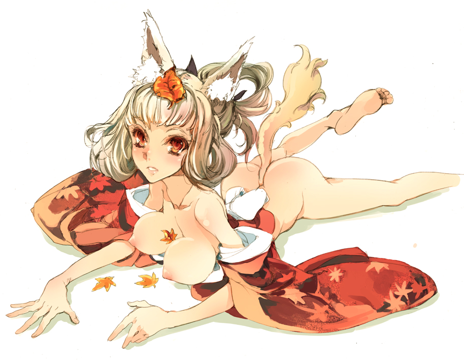 inari, kongiku, oboro muramasa, animal ears, barefoot, breasts, feet, japanese clothes, kimono, leaf