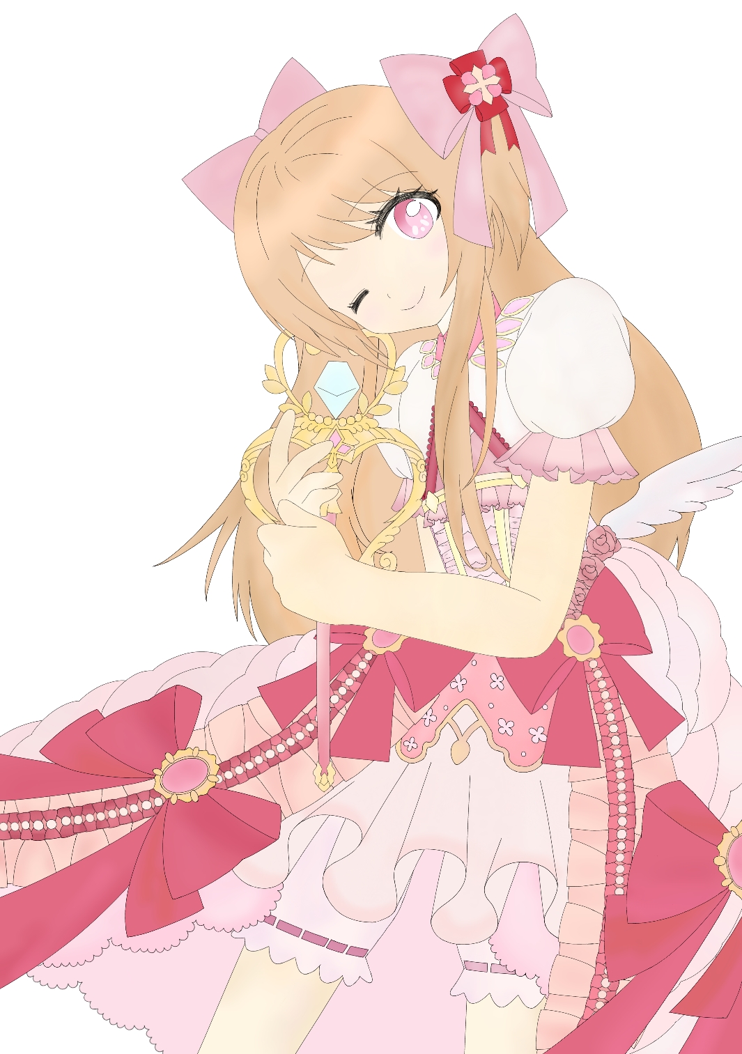 chaos marie (grimms notes), grimms notes, 1girl, ;), blonde hair, holding, holding wand, long hair, one eye closed, simple background, smile, solo, user tmkz5257, wand, white background