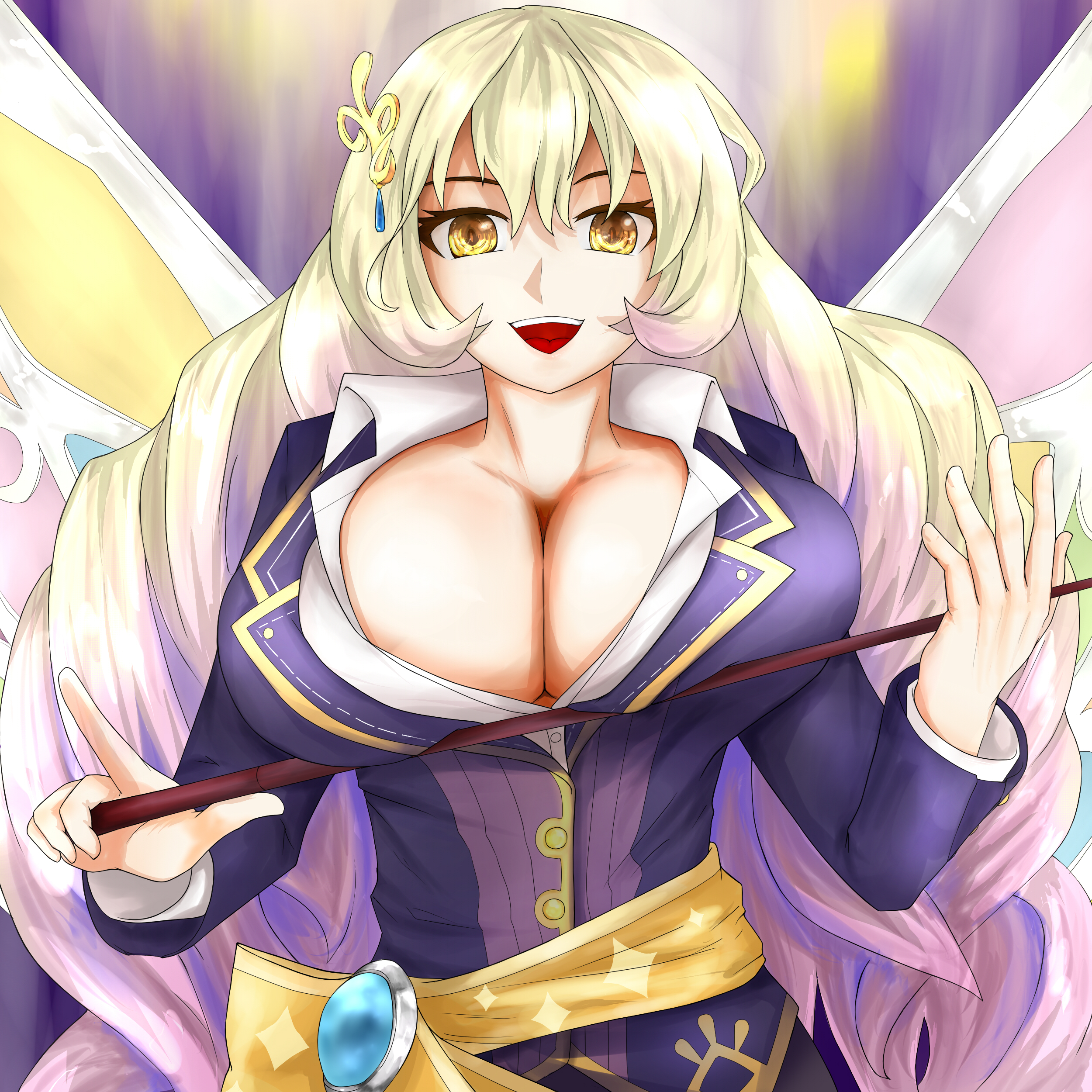 fairy godmother (gakuen) (grimms notes), fairy godmother (grimms notes), grimms notes, grimms notes gakuen, 1girl, breasts, green hair, huge breasts, open mouth, smile, solo, taiki1019, yellow eyes