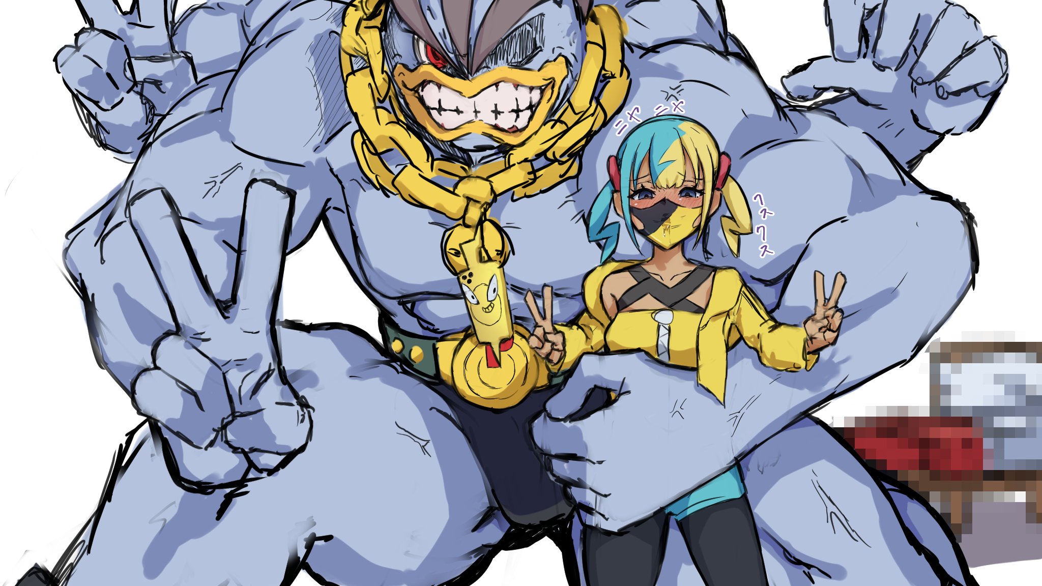 perrone405, canari (pokemon), machamp, rotom, rotom phone, nintendo, pokemon, pokemon legends: z-a, highres, 1girl, black mask, blonde hair, blue hair, collarbone, criss-cross halter, crop top, extra arms, gen 1 pokemon, gen 4 pokemon, halterneck, jacket, jewelry, mask, midriff, mouth mask, multicolored hair, muscular, navel, necklace, pokemon (creature), short twintails, smile, split-color hair, twintails, two-tone hair, two-tone mask, v, yellow jacket, yellow mask