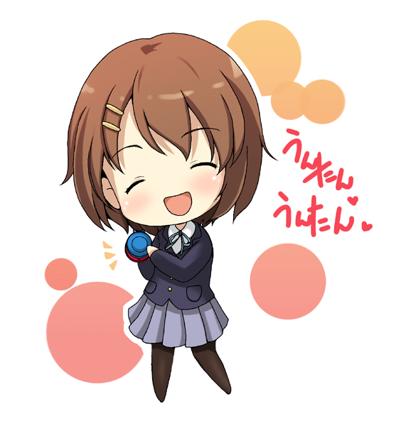 onion (lemlaml), hirasawa yui, k-on!, bad id, bad pixiv id, 00s, 1girl, brown hair, castanets, chibi, closed eyes, female focus, hair ornament, hairclip, instrument, pantyhose, school uniform, short hair, solo