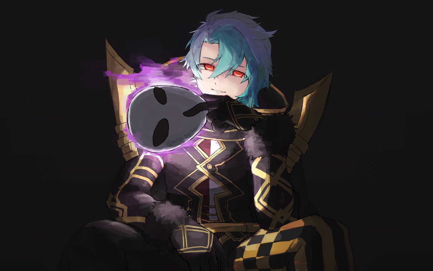 deus prometheus (grimms notes), grimms notes, bad id, bad twitter id, 1boy, green hair, male focus, mask, short hair, solo, upper body