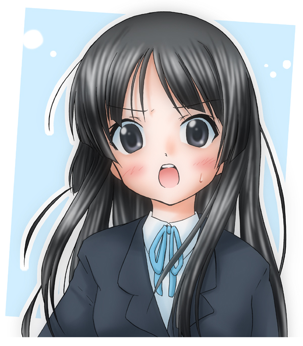 shinozuki takumi, akiyama mio, k-on!, 00s, 1girl, angry, black eyes, black hair, female focus, long hair, school uniform, solo, sweatdrop