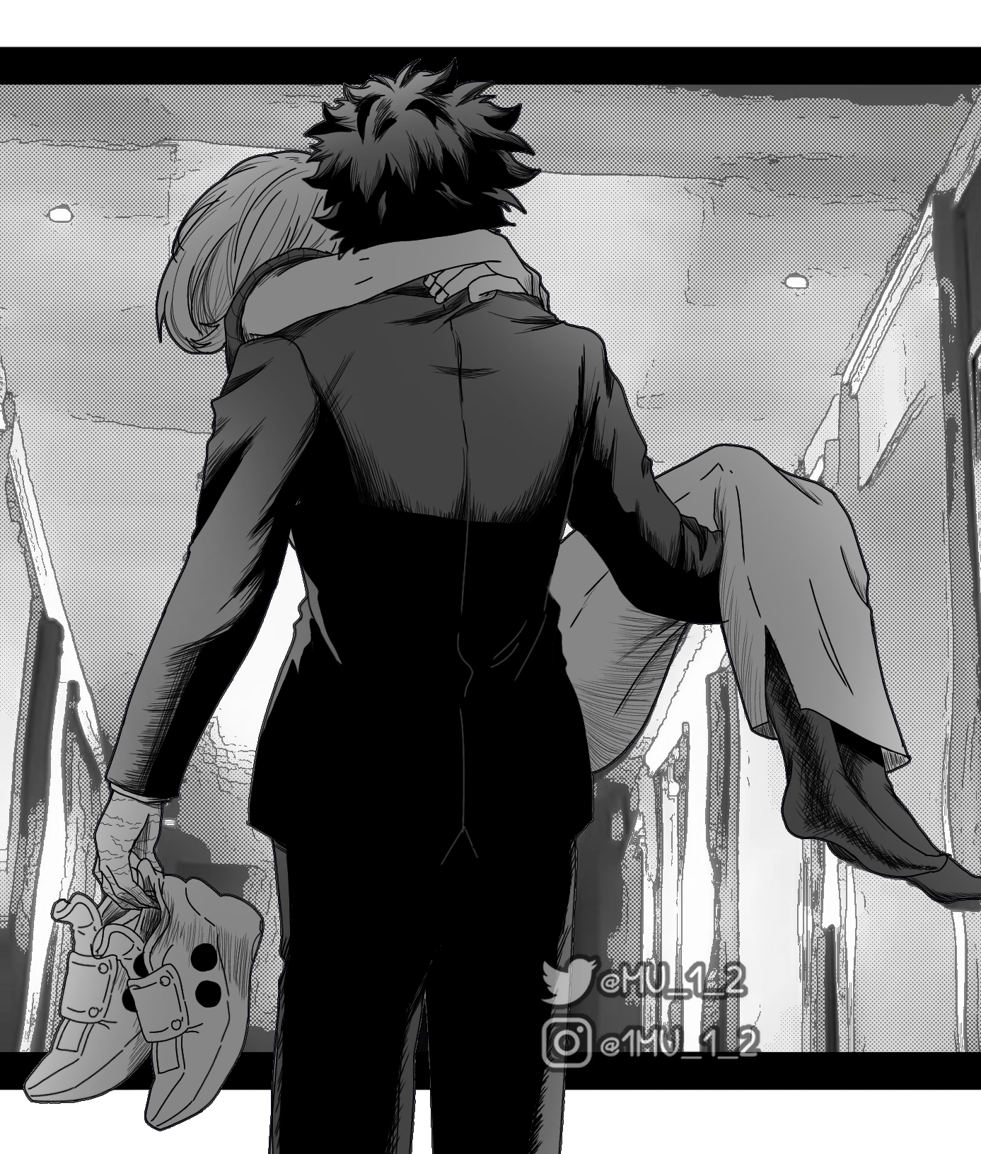 mu 1 2, midoriya izuku, uraraka ochako, boku no hero academia, commentary, english commentary, highres, 1boy, 1girl, arms around neck, carrying, formal clothes, greyscale, hallway, hetero, holding, holding shoes, holding unworn clothes, instagram username, long skirt, medium hair, monochrome, princess carry, shoes, skirt, socks, suit, twitter username, unworn shoes, watermark