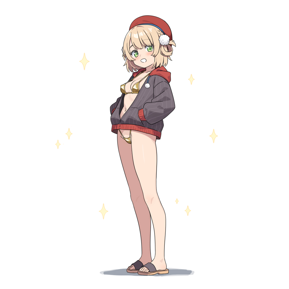 hatsunatsu, shigure ui (vtuber), shigure ui (vtuber) (1st costume), indie virtual youtuber, 1girl, beret, bikini, bikini under clothes, blonde hair, blush, braid, breasts, brown bikini, brown sandals, drawstring, full body, green eyes, grey jacket, groin, hair rings, hands in pockets, hat, highleg, highleg bikini, hood, hood down, hooded jacket, jacket, looking at viewer, medium breasts, navel, pinstripe jacket, pinstripe pattern, red hat, sandals, shadow, simple background, smile, solo, sparkle, standing, swimsuit, virtual youtuber, white background