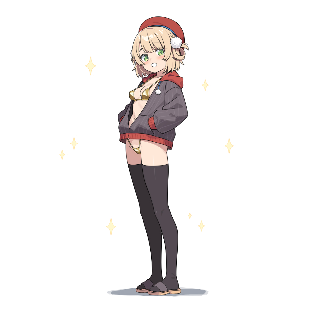 hatsunatsu, shigure ui (vtuber), shigure ui (vtuber) (1st costume), indie virtual youtuber, 1girl, beret, bikini, bikini under clothes, black thighhighs, blonde hair, blush, braid, breasts, brown bikini, brown sandals, drawstring, full body, green eyes, grey jacket, groin, hair rings, hands in pockets, hat, highleg, highleg bikini, hood, hood down, hooded jacket, jacket, looking at viewer, medium breasts, navel, pinstripe jacket, pinstripe pattern, red hat, sandals, shadow, simple background, smile, solo, sparkle, standing, swimsuit, thighhighs, virtual youtuber, white background