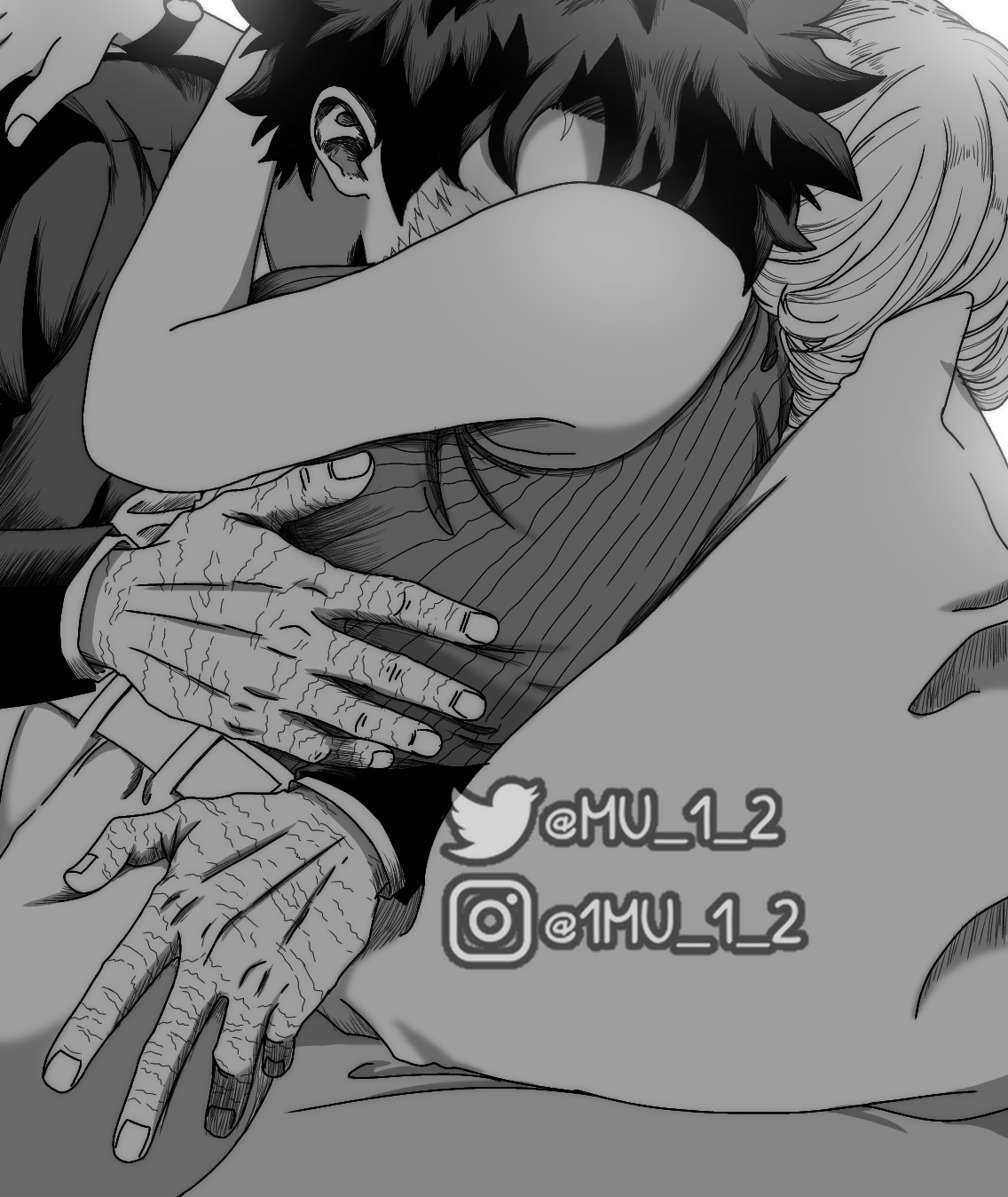 mu 1 2, midoriya izuku, uraraka ochako, boku no hero academia, commentary, english commentary, highres, 1boy, 1girl, breasts, facial scar, greyscale, hetero, hug, instagram username, jacket, large breasts, monochrome, ribbed shirt, scar, scar on cheek, scar on face, scar on hand, shirt, skirt, sleeveless, sleeveless shirt, twitter username, watermark