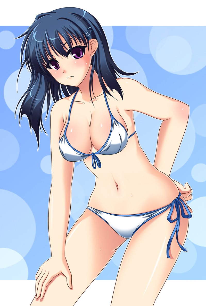 shiboru, osanai shouko, aoi shiro, 1girl, bikini, blue hair, breasts, cleavage, female focus, front-tie bikini top, front-tie top, hand on own hip, hip focus, large breasts, leaning forward, panties, purple eyes, shiny skin, short hair, side-tie bikini bottom, solo, string bikini, swimsuit, underwear, white bikini, wide hips