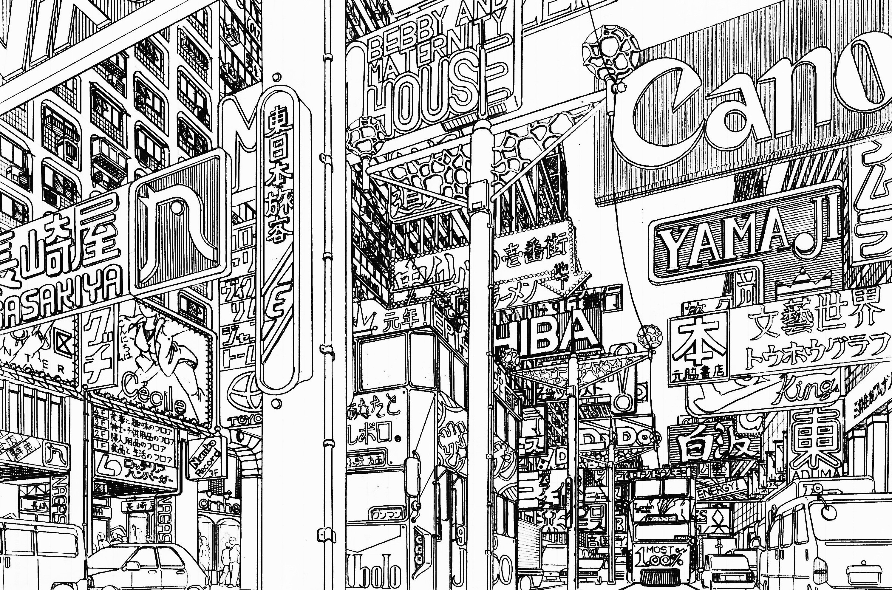original, chinese commentary, commentary request, highres, pen (medium), traditional media, translation request, car, greyscale, lamppost, lineart, monochrome, motor vehicle, outdoors, people, power lines, scenery, sign, urban, yamaguti