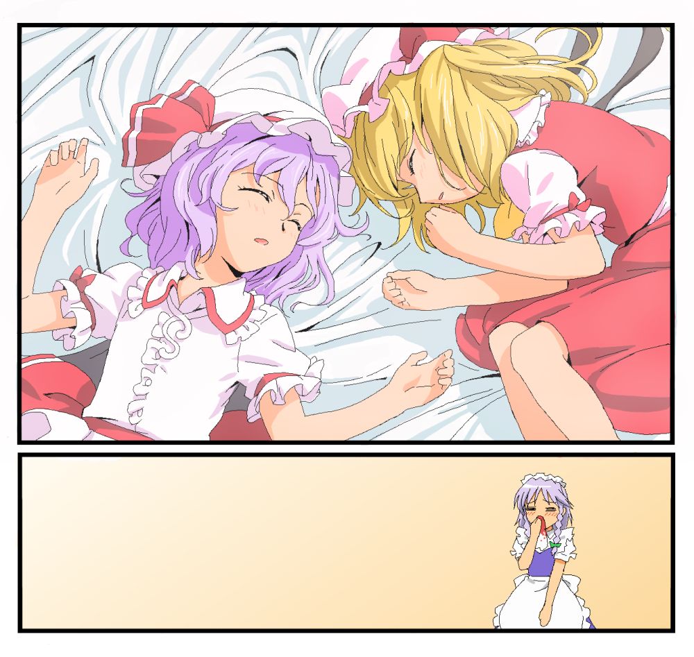 ikuya koimori, flandre scarlet, izayoi sakuya, remilia scarlet, touhou, bad id, bad pixiv id, blood, comic, female focus, nosebleed, silent comic, sleeping
