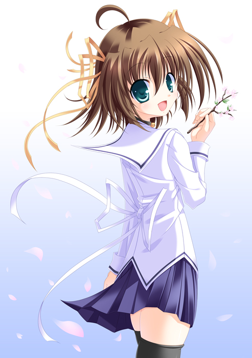 asakura nemu, da capo, da capo i, bad id, bad pixiv id, 00s, 1girl, ahoge, branch, brown hair, choker, female focus, green eyes, looking back, school uniform, short hair, solo, thighhighs