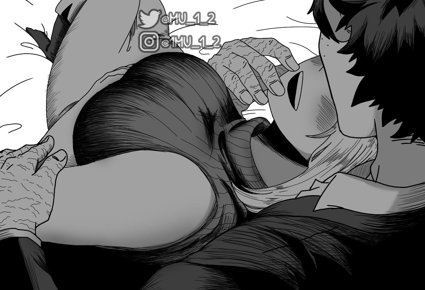 mu 1 2, midoriya izuku, uraraka ochako, boku no hero academia, commentary, english commentary, 1boy, 1girl, breasts, cuddling, formal clothes, freckles, greyscale, hetero, large breasts, long skirt, monochrome, open mouth, ribbed shirt, scar on hands, shirt, skirt, sleeveless, sleeveless turtleneck, smile, socks, suit, turtleneck