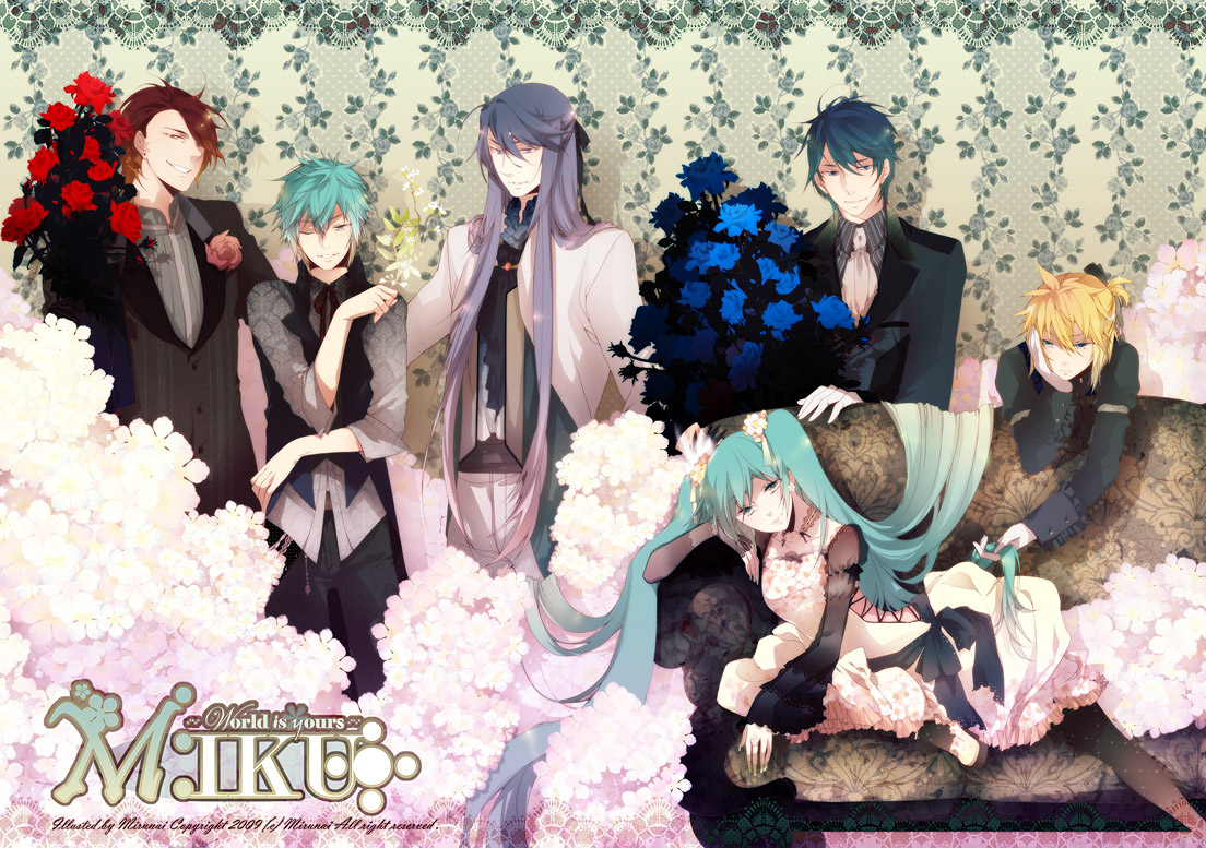 mirunai, hatsune miku, hatsune mikuo, kagamine len, kaito (vocaloid), kamui gakupo, meito (vocaloid), vocaloid, world is mine (vocaloid), 1girl, 5boys, blonde hair, blue hair, couch, dress, flower, genderswap, genderswap (ftm), green hair, long hair, multiple boys, twintails