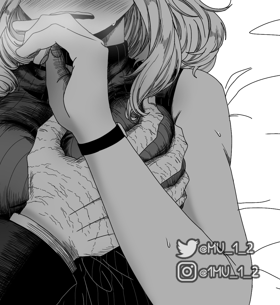 mu 1 2, midoriya izuku, uraraka ochako, boku no hero academia, commentary, english commentary, highres, 1boy, 1girl, blush, breasts, grabbing another's breast, greyscale, groping, head out of frame, hetero, instagram username, large breasts, monochrome, open mouth, ribbed shirt, scar, scar on hand, shirt, sleeveless, sleeveless turtleneck, sweat, turtleneck, twitter username, watch, watermark, wavy mouth, wristwatch