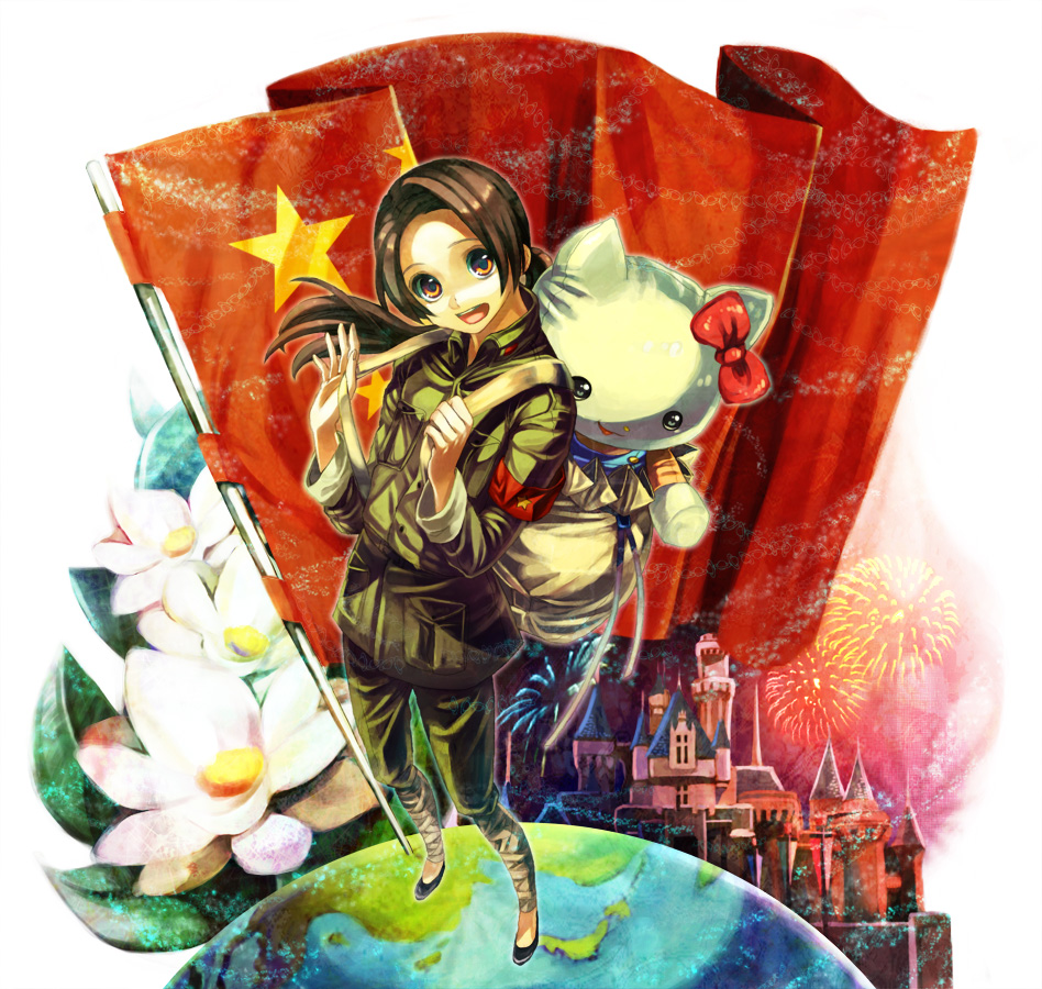 tibino, china (hetalia), shinatty-chan, axis powers hetalia, hello kitty, sanrio, 00s, 1boy, aerial fireworks, armband, china, fireworks, flag, flower, male focus, ponytail, solo