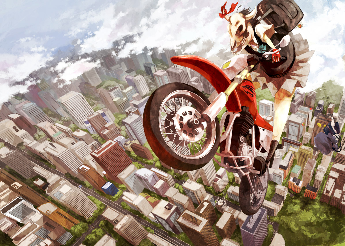 9ji, 9ji (8giri), original, vehicle, bag, bento, cityscape, cloud, flying, food, gloves, horns, motor vehicle, motorcycle, ribbon, school uniform, skull, solo