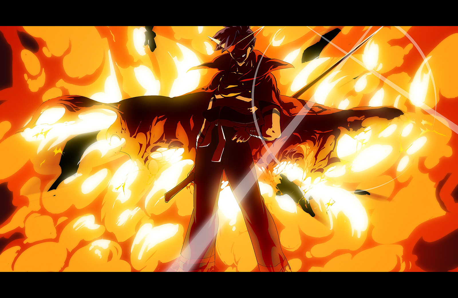 yumiya, kamina (ttgl), tengen toppa gurren lagann, highres, 00s, 1boy, cape, epic, explosion, glasses, kamina shades, letterboxed, male focus, manly, solo, triangular eyewear