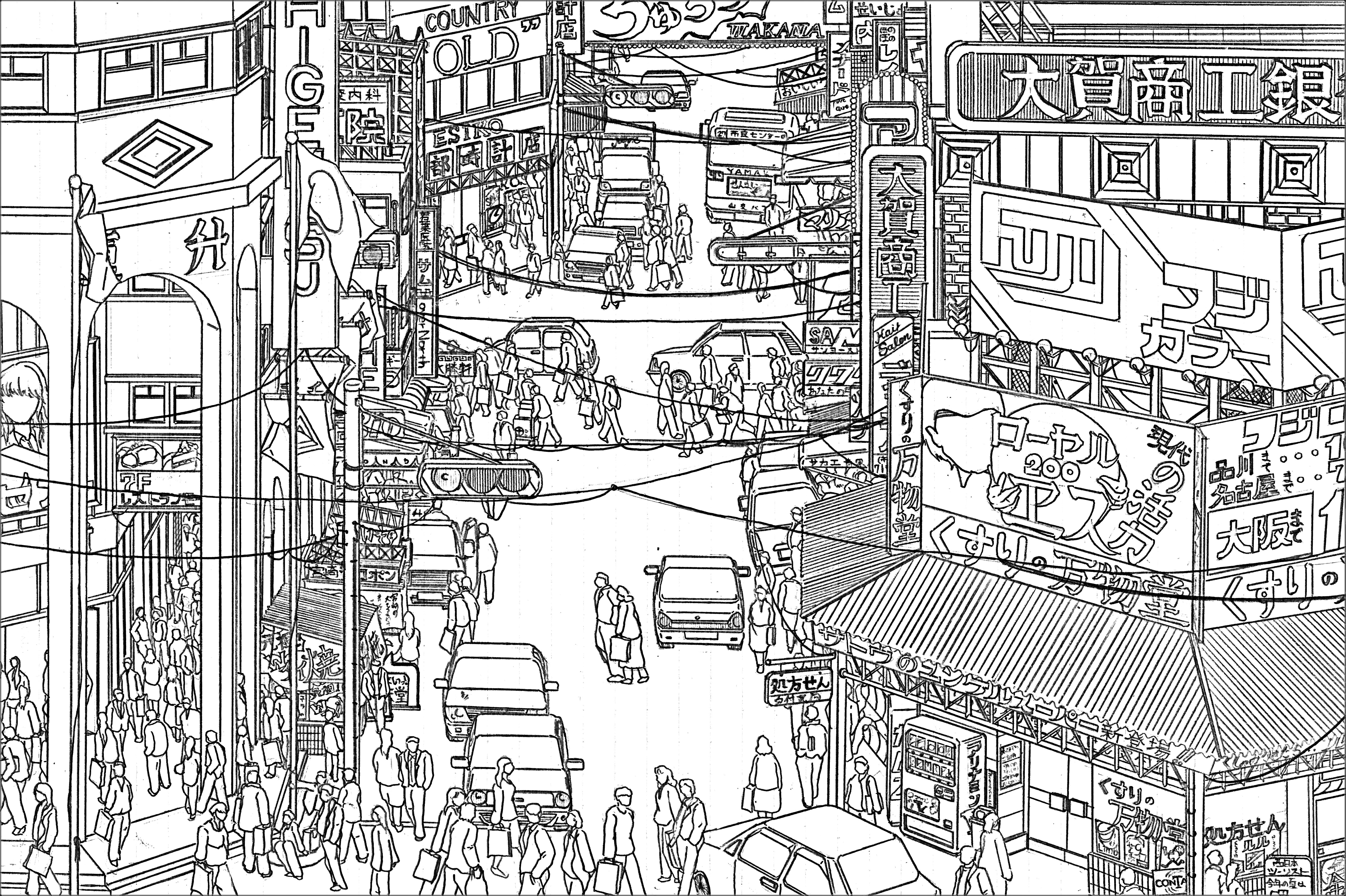 original, absurdres, chinese commentary, commentary request, highres, pen (medium), traditional media, translation request, arch, building, car, greyscale, lineart, monochrome, motor vehicle, outdoors, people, power lines, road, scenery, sign, street, urban, vending machine, yamaguti
