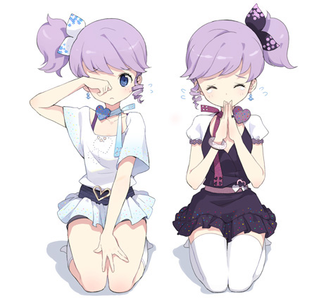 tiv, djmax, djmax portable, ladymade star, archived source, bad link, lowres, 2girls, animal ears, ankle socks, black ribbon, black shirt, black skirt, blue eyes, blue ribbon, blush, bra, bracelet, closed eyes, closed mouth, collarbone, covering own mouth, drill hair, drill sidelocks, facing viewer, frown, hair ribbon, hand over own mouth, heart ribbon, jewelry, knee blush, legs together, microskirt, miniskirt, multiple girls, neck ribbon, nina klatt, purple bra, purple hair, purple ribbon, ribbon, sad, sehra klatt, seiza, shirt, short sleeves, side ponytail, sidelocks, simple background, single sidelock, sitting, skirt, socks, tears, thighhighs, underwear, white background, white ribbon, white shirt, white skirt, white thighhighs, wide sleeves