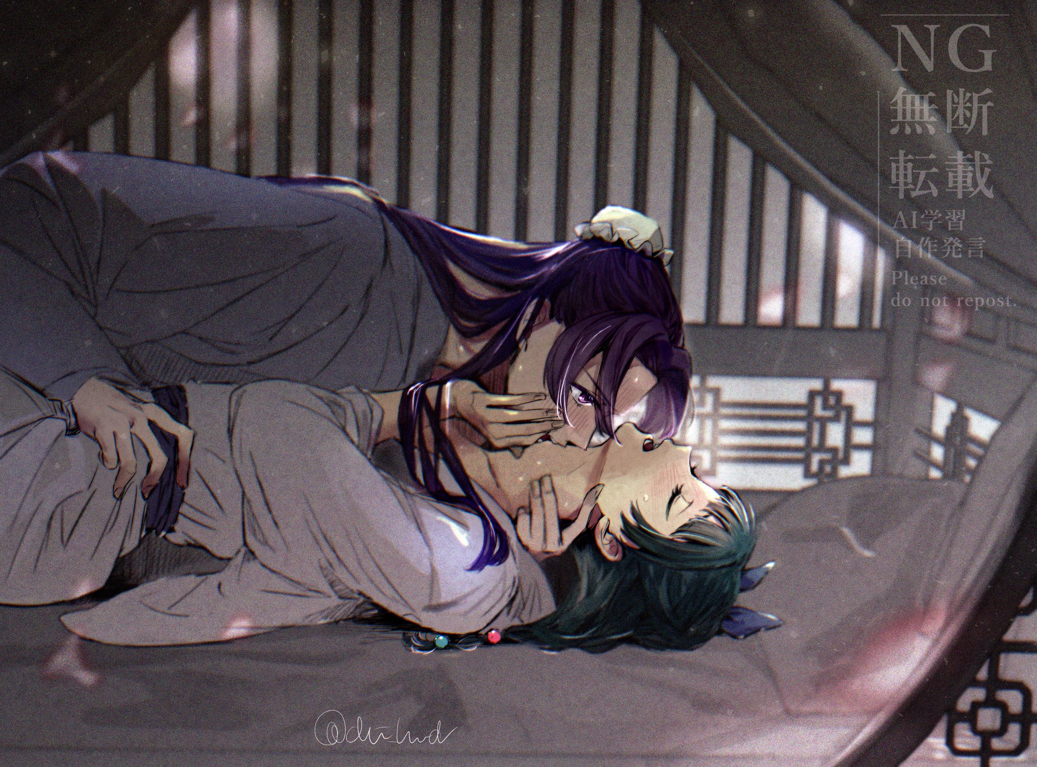 chii (chi hrd), jinshi (kusuriya no hitorigoto), maomao (kusuriya no hitorigoto), kusuriya no hitorigoto, highres, 1boy, 1girl, arm around neck, beads, blue ribbon, blunt bangs, blush, bun cover, chinese clothes, closed eyes, couple, flower, grey robe, hair beads, hair bun, hair ornament, hair ribbon, half updo, hand on another's cheek, hand on another's face, hetero, long hair, moaning, on bed, open mouth, parted bangs, purple hair, ribbon, robe, rose, sidelocks, sweat, twintails, white flower, white rose
