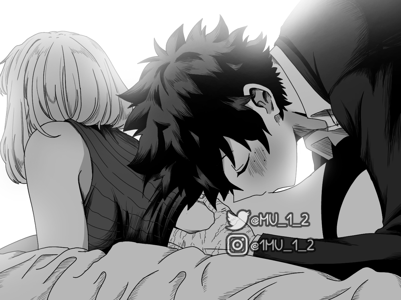 mu 1 2, midoriya izuku, uraraka ochako, boku no hero academia, commentary, english commentary, 1boy, 1girl, backlighting, breasts, closed eyes, clothes lift, formal clothes, freckles, greyscale, hetero, instagram username, kissing back, large breasts, medium hair, monochrome, panties, scar, scar on hand, shirt, shirt lift, sleeveless, sleeveless shirt, suit, twitter username, underwear, watermark