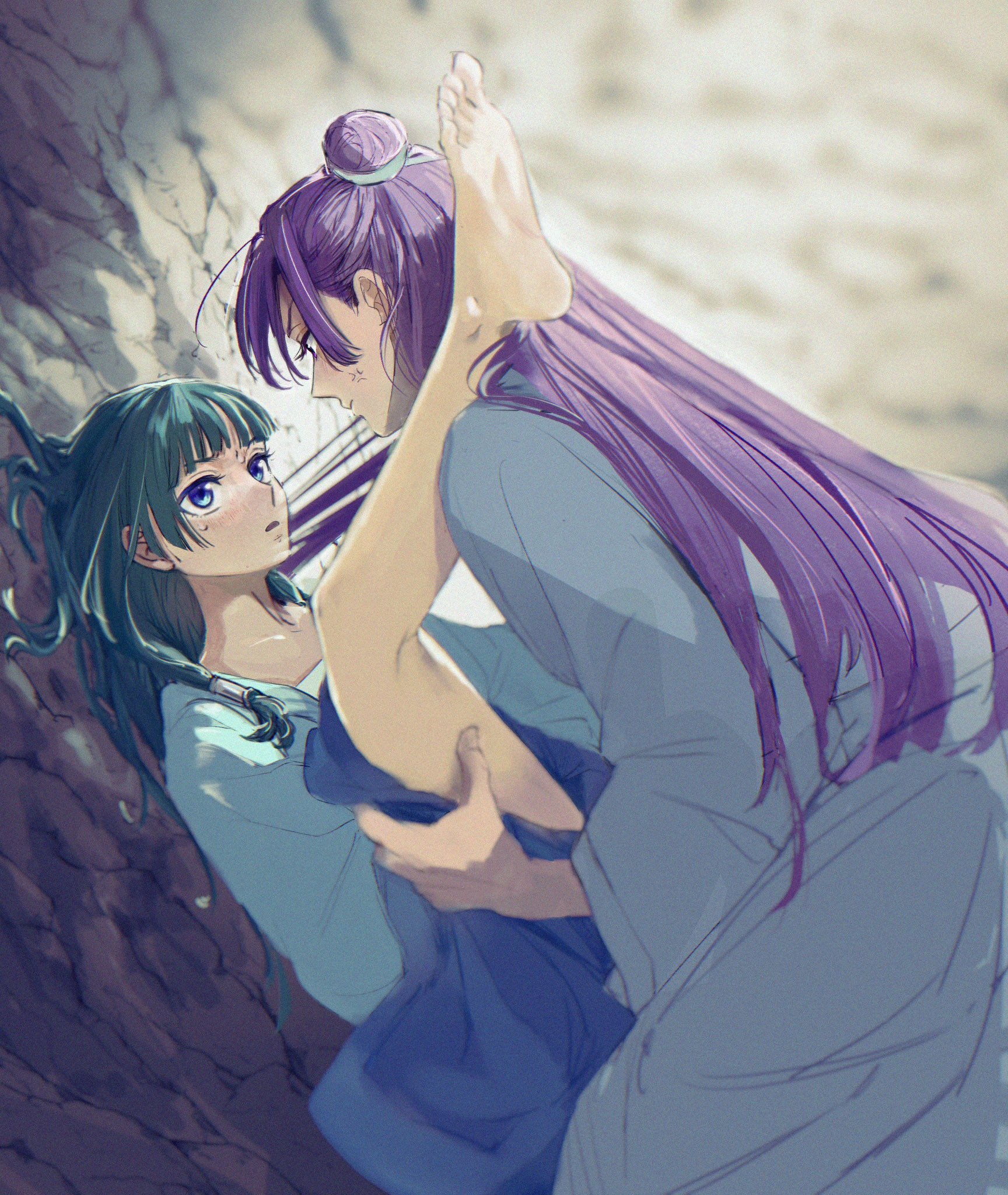 chii (chi hrd), jinshi (kusuriya no hitorigoto), maomao (kusuriya no hitorigoto), kusuriya no hitorigoto, highres, 1boy, 1girl, anger vein, bare shoulders, blue eyes, blue shirt, blue skirt, blunt bangs, clothes lift, couple, furrowed brow, grey robe, hair bun, hair tubes, hetero, light blush, long hair, parted lips, purple hair, robe, shirt, sidelocks, skirt, skirt lift, sweat