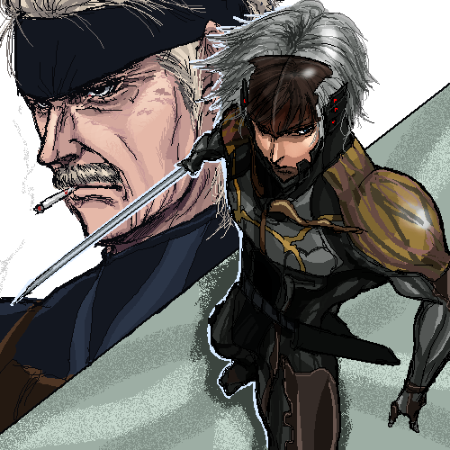 raiden (metal gear), solid snake, metal gear (series), metal gear solid 4: guns of the patriots, lowres, chokuto, cigarette, male focus, sword, weapon