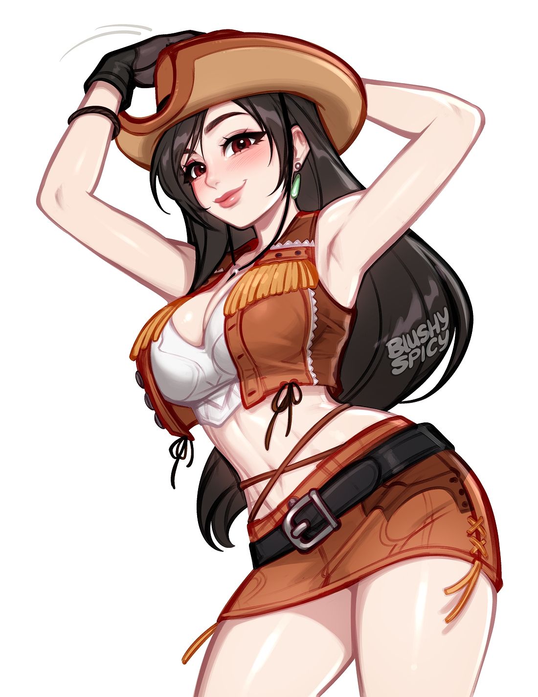 blushyspicy, tifa lockhart, tifa lockhart (cowgirl), final fantasy, final fantasy vii, final fantasy vii remake, highres, 1girl, armpits, artist name, bare shoulders, belt, black belt, black gloves, blush, breasts, brown eyes, brown hat, brown skirt, brown vest, cleavage, cowboy hat, cowboy shot, crop top, earrings, fringe trim, gloves, hand on headwear, hat, jewelry, large breasts, light smile, midriff, miniskirt, navel, skirt, solo, vest, white background