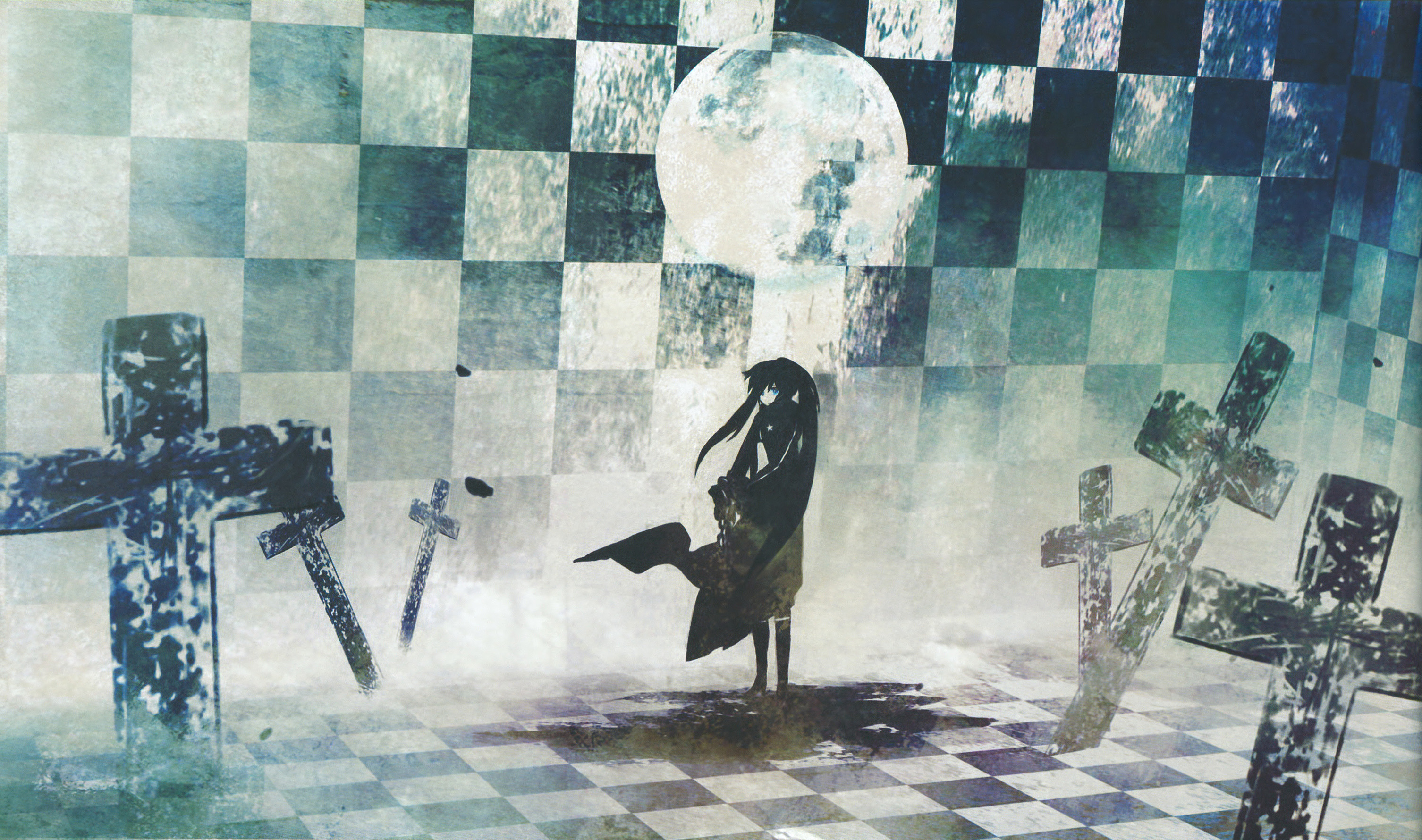 huke, black rock shooter (character), black rock shooter, highres, scan, 10s, black hair, blue eyes, cross, long hair, moon, solo, twintails